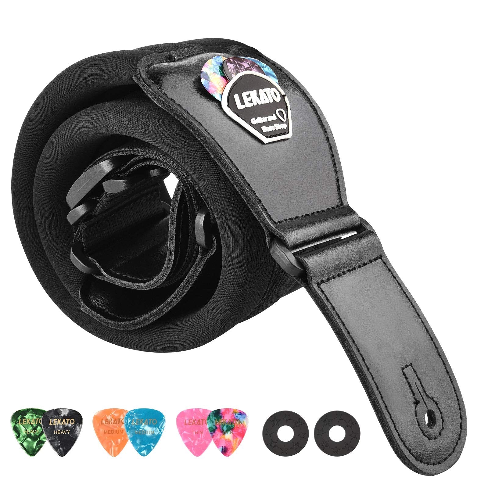 LEKATO Bass Guitar Straps for Electric Guitar & Bass 3" Wide Bass Strap Padded Guitar Straps Adjustable Length from 45" to 55" Bass Guitar Strap with Pick Holder 2 Safety Strap Locks & 6 Picks Regular(45"-55") Black