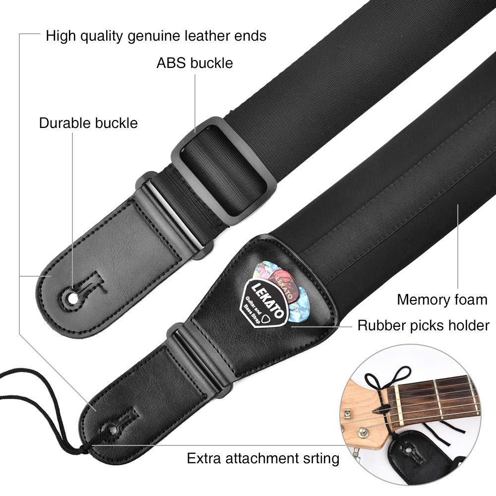 LEKATO Bass Guitar Straps for Electric Guitar & Bass 3" Wide Bass Strap Padded Guitar Straps Adjustable Length from 45" to 55" Bass Guitar Strap with Pick Holder 2 Safety Strap Locks & 6 Picks Regular(45"-55") Black - Image 2