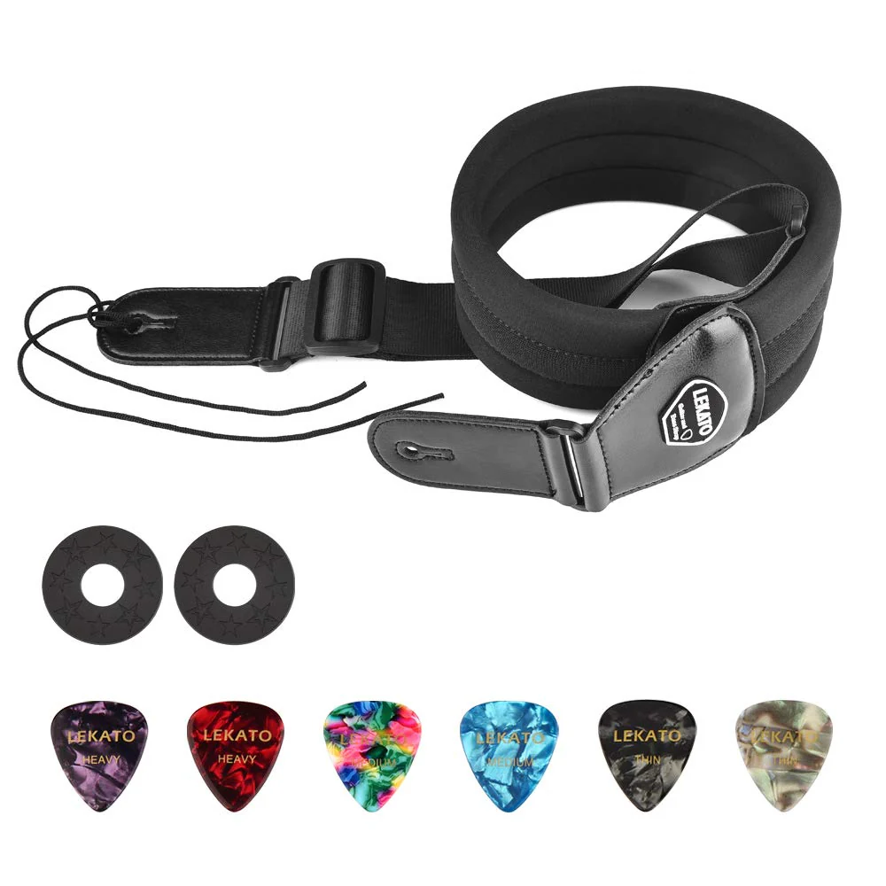 LEKATO Bass Guitar Straps for Electric Guitar & Bass 3" Wide Bass Strap Padded Guitar Straps Adjustable Length from 45" to 55" Bass Guitar Strap with Pick Holder 2 Safety Strap Locks & 6 Picks Regular(45"-55") Black - Image 9