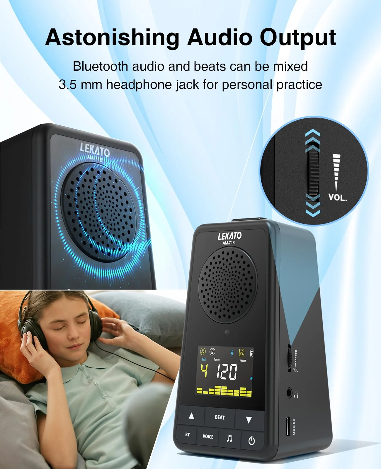 LEKATO Bluetooth Speaker Metronome for Guitar Piano Drum, Rechargeable 2-in-1 Electronic Digital Metronome with Vocal Counts, Portable Wireless Speaker Beats Mixer, Black 2-in-1 Bluetooth Speaker Metronome-Black - Image 5