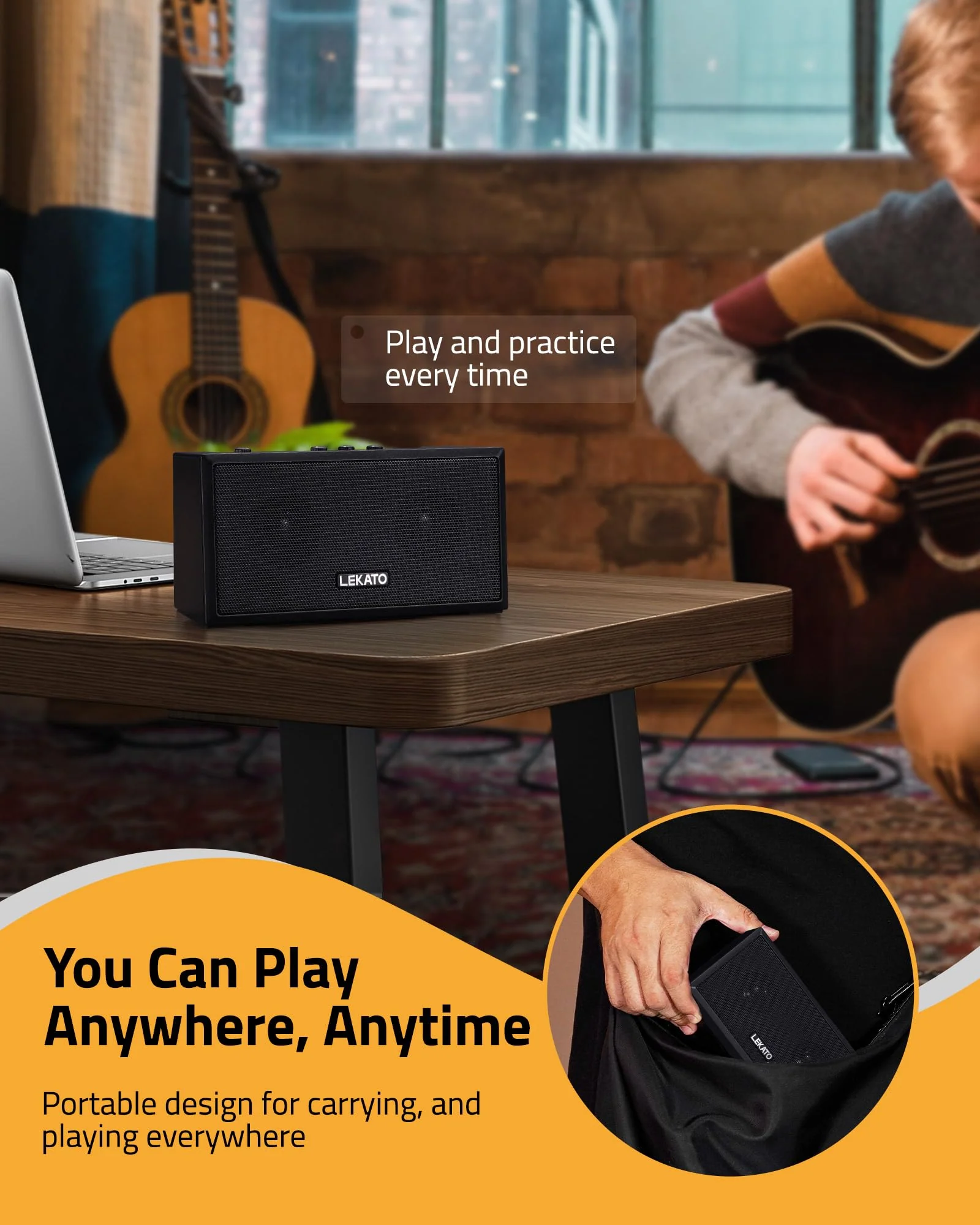 LEKATO Guitar Amplifier with Clean Overdrive Effects 5W Rchargeable Electric Guitar Amp Small Bass Amplifier Bluetooth Bass Amplifier for Daily Practice Black - Image 6