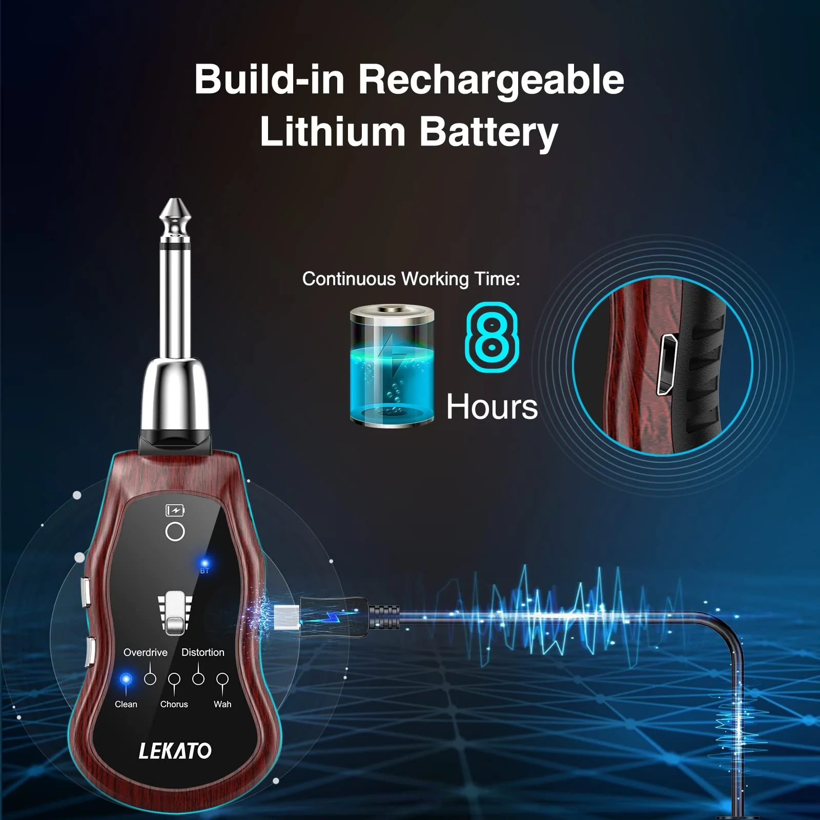 LEKATO Guitar Headphone Amp,Micro Electric Guitar Headphone Amp for Electric Guitar&Bass Rechargeable Bass Headphone Amplifier for Practice with 5 Effects(Clean Chorus Overdrive Distortion and Wah) - Image 6