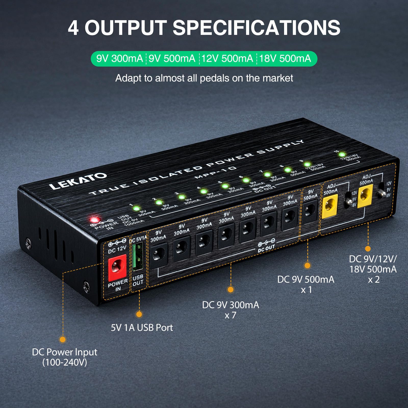 LEKATO Guitar Pedal Power Supply, True Isolated Pedal Power Supply with 10 Ports, USB Port, Short Circuit Protection, Guitar Pedal Power DC Output 9V 12V 18V for Effect Pedal - Image 4