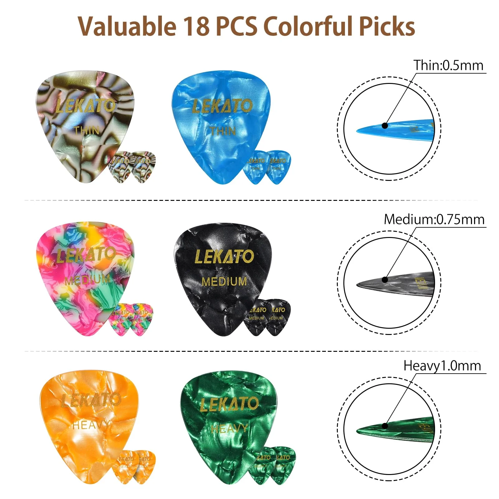 LEKATO Guitar Picks Holder Case with 18 Pcs Picks, PU Leather Organizer Bag with Lanyard, Thin Medium Heavy Plectrums Holder Accessories for Acoustic Electric Guitar Bass, Gift for Guitar Players Brown - Image 2
