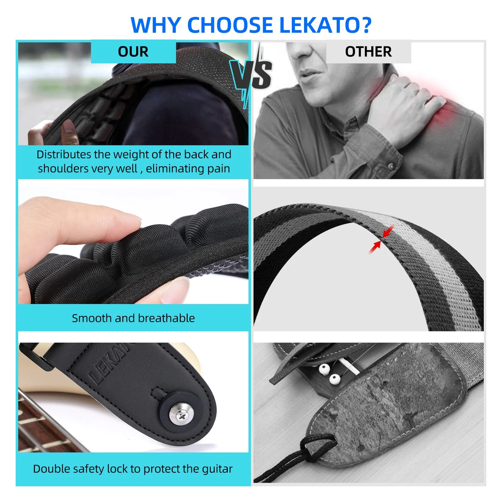 LEKATO Guitar Strap for Electric Guitar Bass with 3.5″ Wide Air Cell Cushions Bass Strap Padded Guitar Straps with Strap Locks, Picks, Adjustable Length from 47″ to 60″ - Image 4
