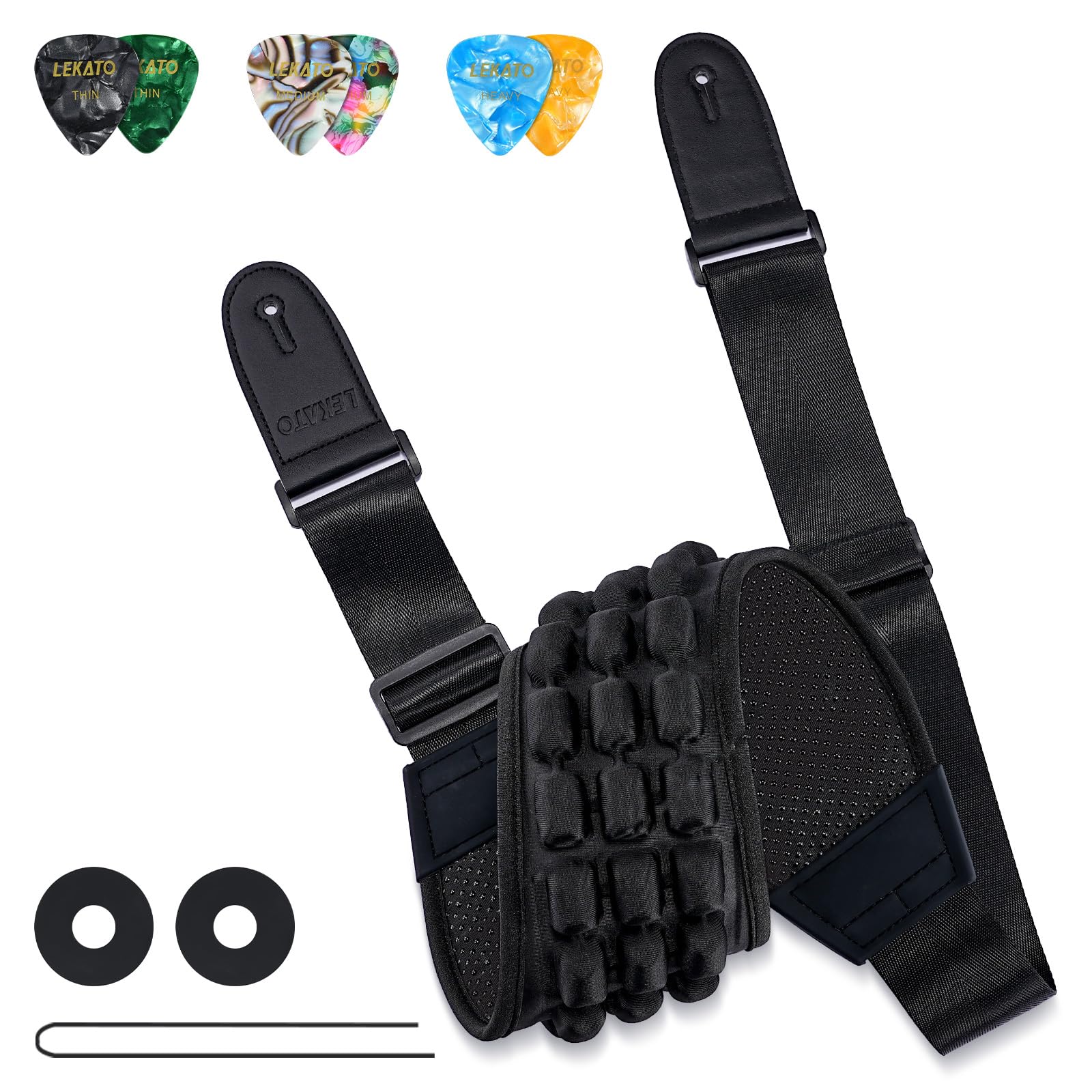 LEKATO Guitar Strap for Electric Guitar Bass with 3.5″ Wide Air Cell Cushions Bass Strap Padded Guitar Straps with Strap Locks, Picks, Adjustable Length from 47″ to 60″ - Image 8