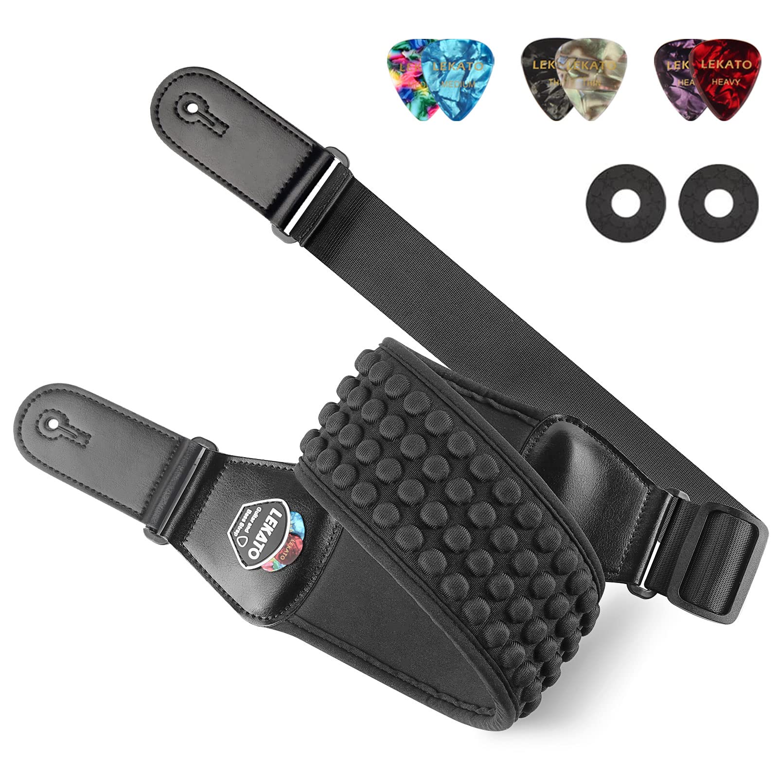 LEKATO Guitar Straps for Electric Guitar Bass, 3" Wide Padded Guitar Strap Neoprene Pad with 3D Sponge Filling Bass Guitar Straps Adjustable Length from 45" to 55" with Strap Locks, Picks, Black 3 Inch