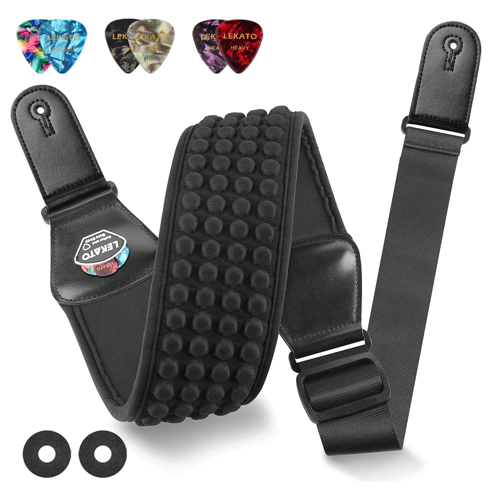 LEKATO Guitar Straps for Electric Guitar Bass, 3" Wide Padded Guitar Strap Neoprene Pad with 3D Sponge Filling Bass Guitar Straps Adjustable Length from 45" to 55" with Strap Locks, Picks, Black 3 Inch - Image 8