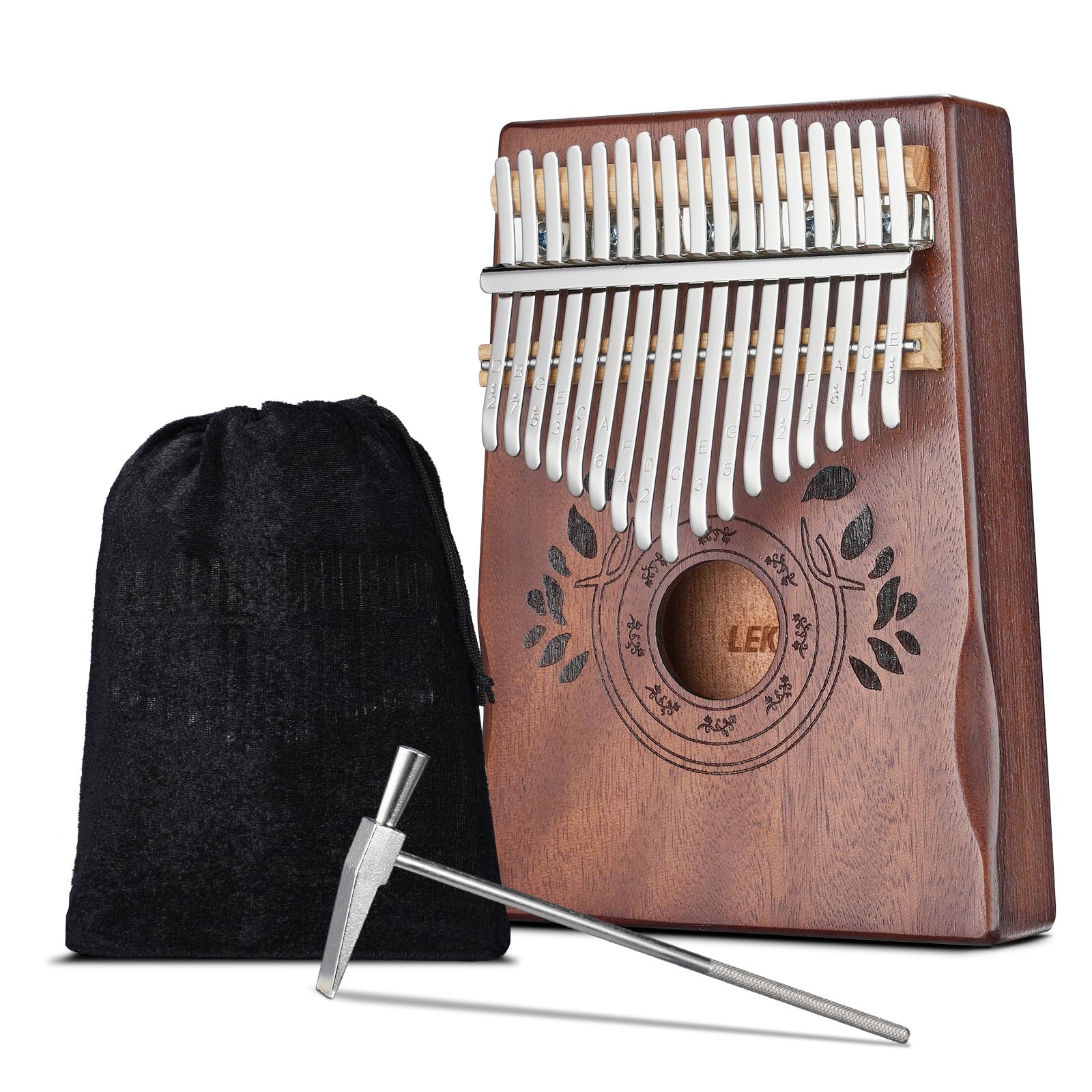 LEKATO Kalimba 17 Keys, Solid Wood Thumb Piano Portable Mbira Finger Piano Beginners C Key with Music Book, Tuning Hammer, Storage bag, Christmas Gift for Children/Teenagers/Music Lovers Retro Brown