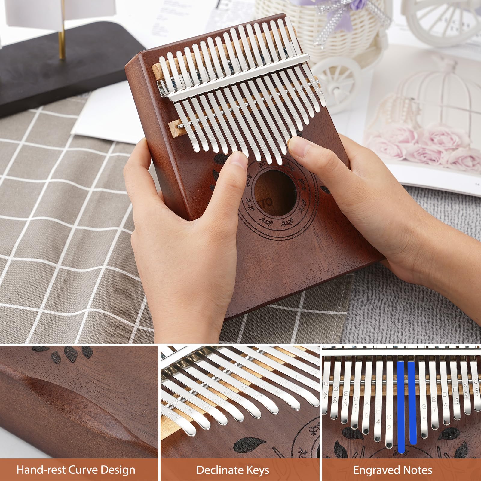 LEKATO Kalimba 17 Keys, Solid Wood Thumb Piano Portable Mbira Finger Piano Beginners C Key with Music Book, Tuning Hammer, Storage bag, Christmas Gift for Children/Teenagers/Music Lovers Retro Brown - Image 2
