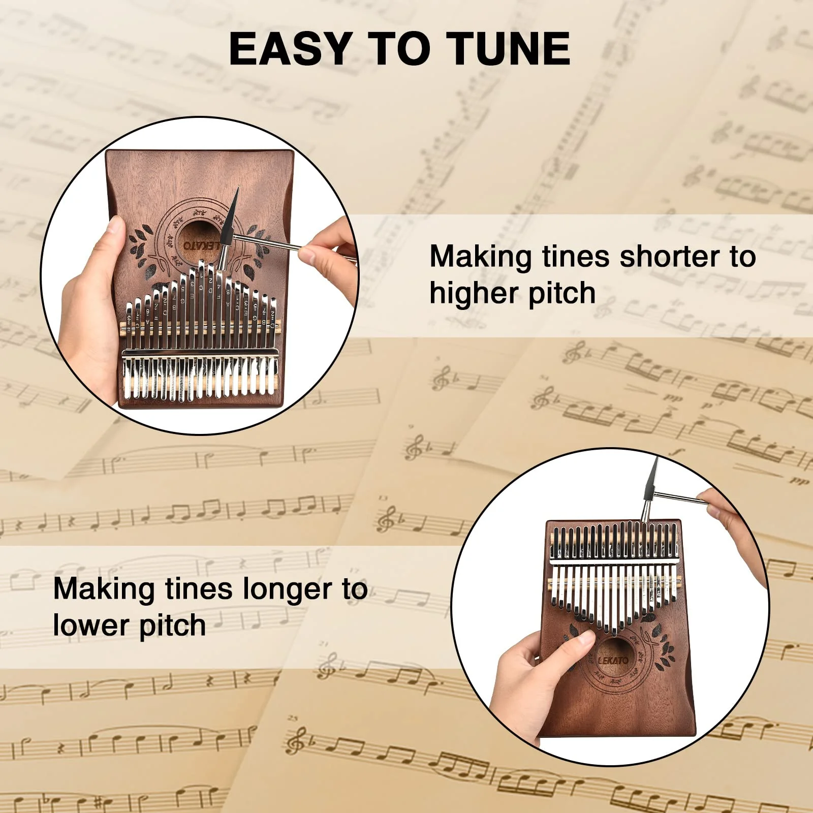 LEKATO Kalimba 17 Keys, Solid Wood Thumb Piano Portable Mbira Finger Piano Beginners C Key with Music Book, Tuning Hammer, Storage bag, Christmas Gift for Children/Teenagers/Music Lovers Retro Brown - Image 7