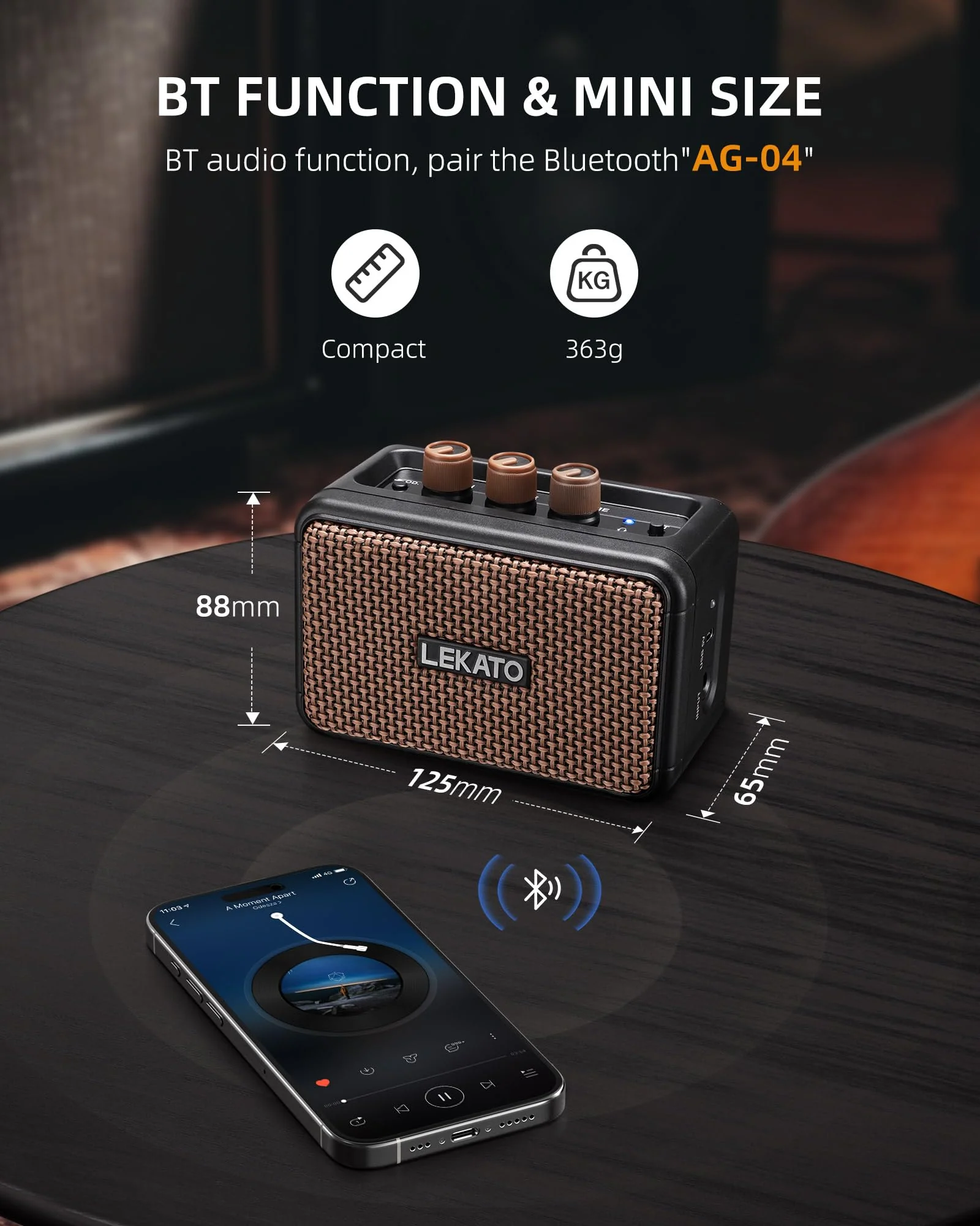 LEKATO Mini Electric Guitar Amplifier, Dual Speakers 5W, Rechargeable Guitar Amp Bluetooth with Clean Overdrive Effects, Headphone Jack, Retro Portable Small Amp for Practice - Image 6
