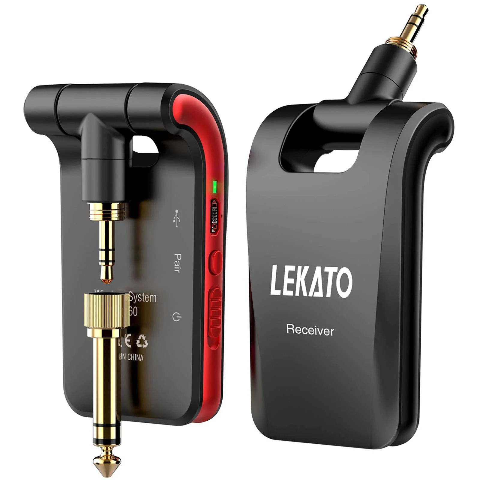 LEKATO Wireless Guitar System 2.4GHz Rechargeable Audio Wireless Transmitter Receiver 6 Channels for Guitar Bass Electric Instruments, Stereo and Mono 1/4” & 1/8” 2 in 1 Plugs,Black(WS-60) black
