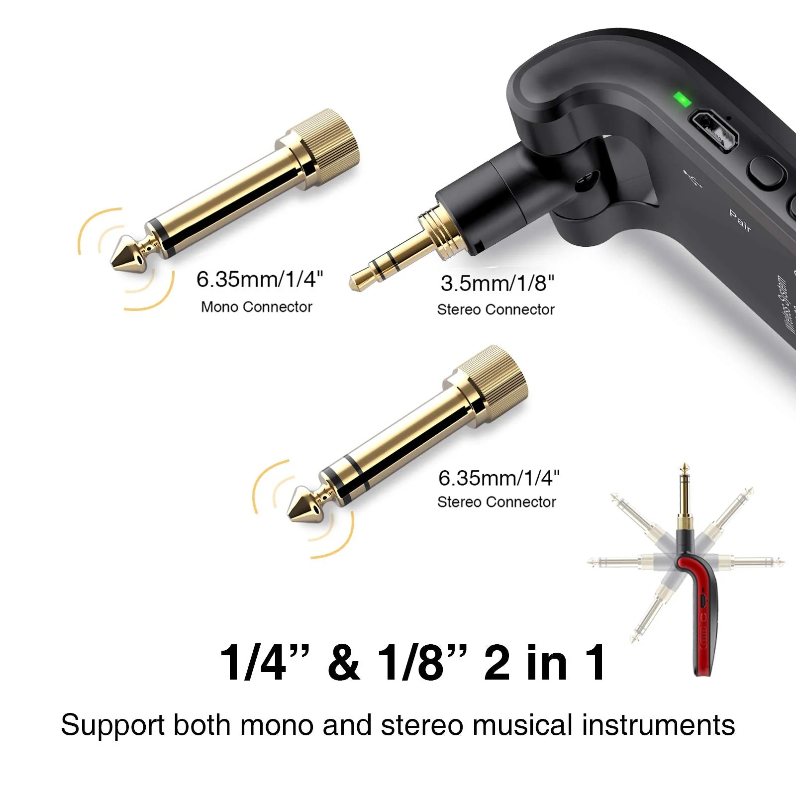 LEKATO Wireless Guitar System 2.4GHz Rechargeable Audio Wireless Transmitter Receiver 6 Channels for Guitar Bass Electric Instruments, Stereo and Mono 1/4” & 1/8” 2 in 1 Plugs,Black(WS-60) black - Image 2