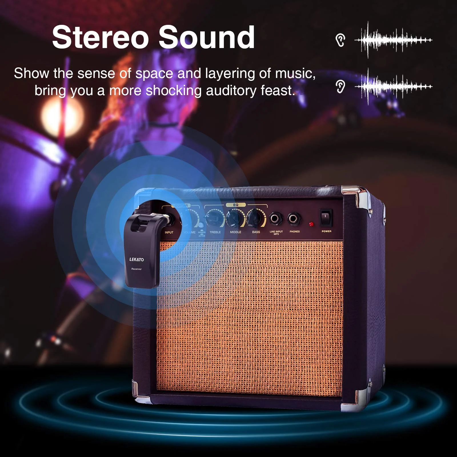 LEKATO Wireless Guitar System 2.4GHz Rechargeable Audio Wireless Transmitter Receiver 6 Channels for Guitar Bass Electric Instruments, Stereo and Mono 1/4” & 1/8” 2 in 1 Plugs,Black(WS-60) black - Image 3
