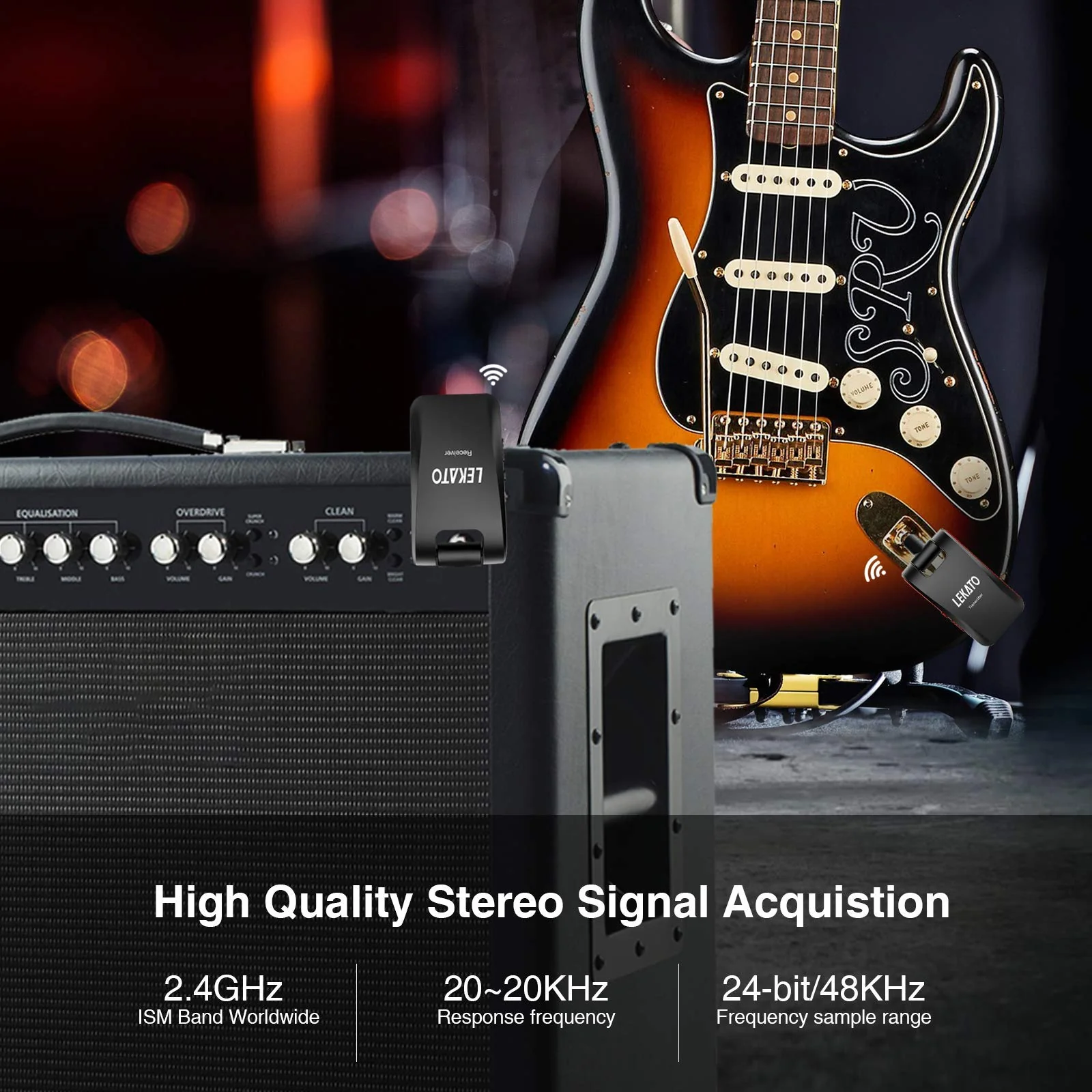 LEKATO Wireless Guitar System 2.4GHz Rechargeable Audio Wireless Transmitter Receiver 6 Channels for Guitar Bass Electric Instruments, Stereo and Mono 1/4” & 1/8” 2 in 1 Plugs,Black(WS-60) black - Image 4