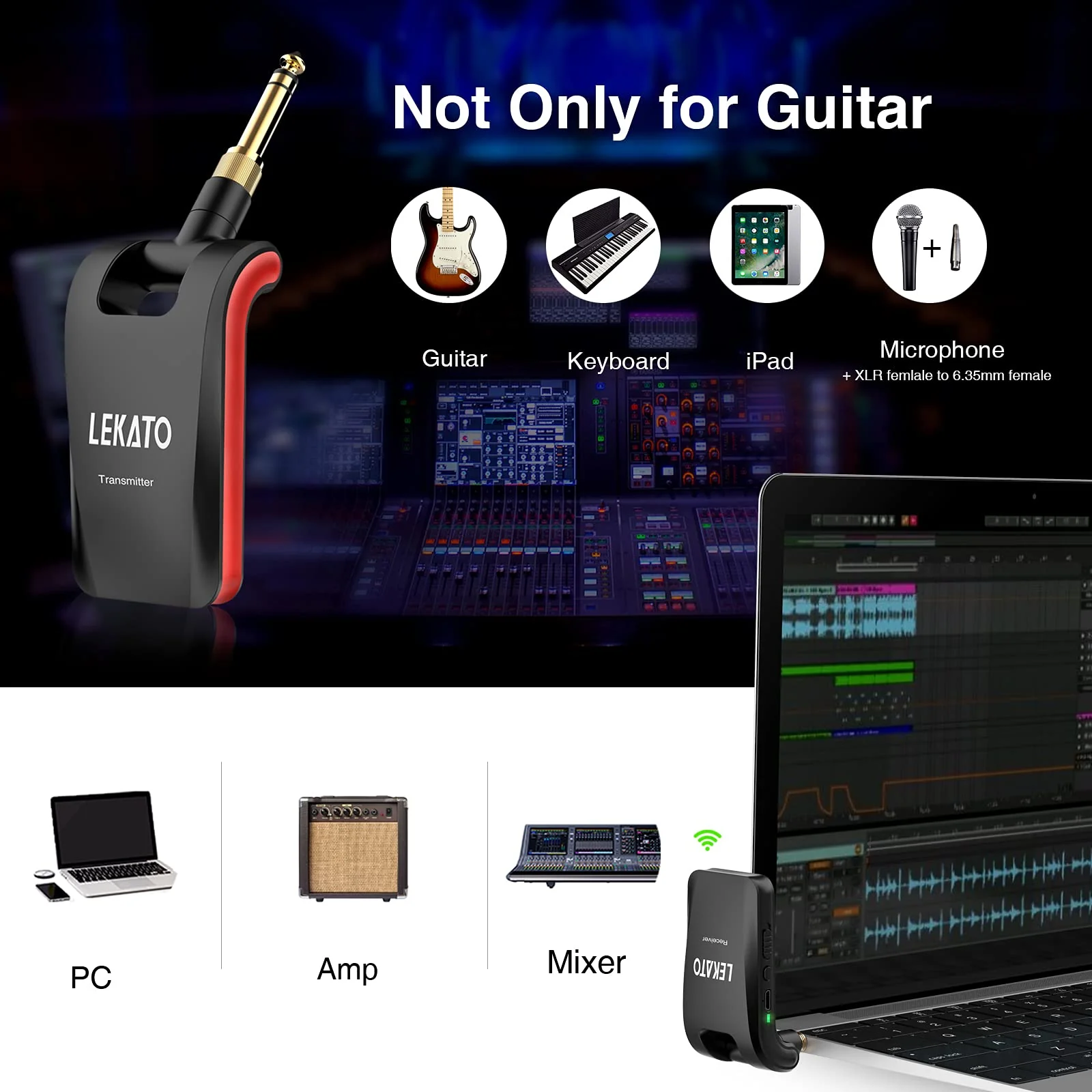 LEKATO Wireless Guitar System 2.4GHz Rechargeable Audio Wireless Transmitter Receiver 6 Channels for Guitar Bass Electric Instruments, Stereo and Mono 1/4” & 1/8” 2 in 1 Plugs,Black(WS-60) black - Image 6