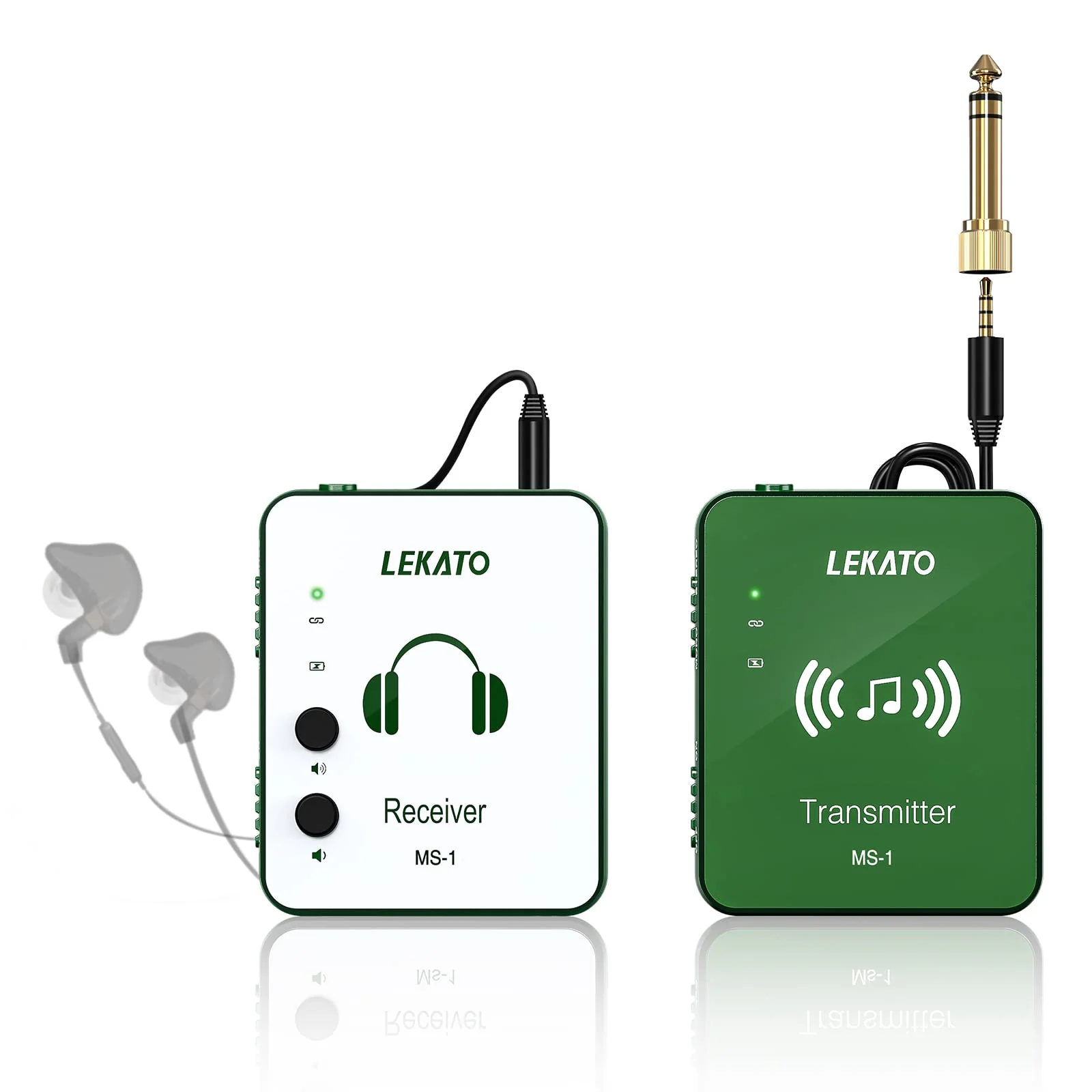LEKATO Wireless in Ear Monitor System, 2.4G Stereo Wireless IEM System with Transmitter Beltpack Receiver Automatic Pairing, for Studio, Band Rehearsal, Live Performance,Green Green