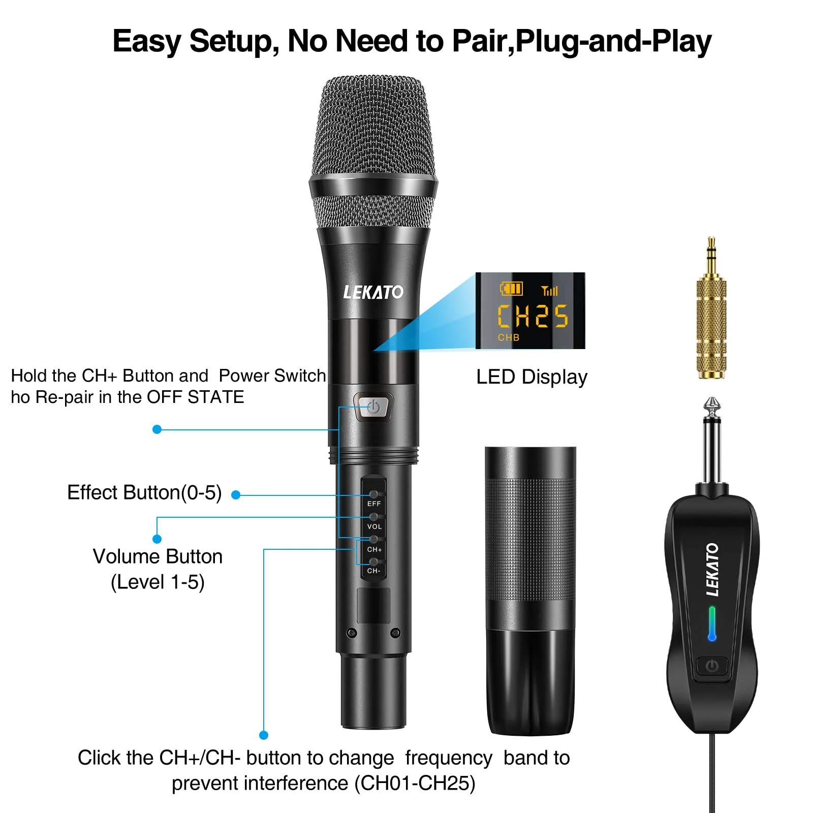 LEKATO Wireless Microphone Rechargeable Wireless Microphones with Receiver Dual Handheld Microphone System Dynamic MIC for Singing, Speech, Wedding, Church,Speaker, PA System Black&Red - Image 6