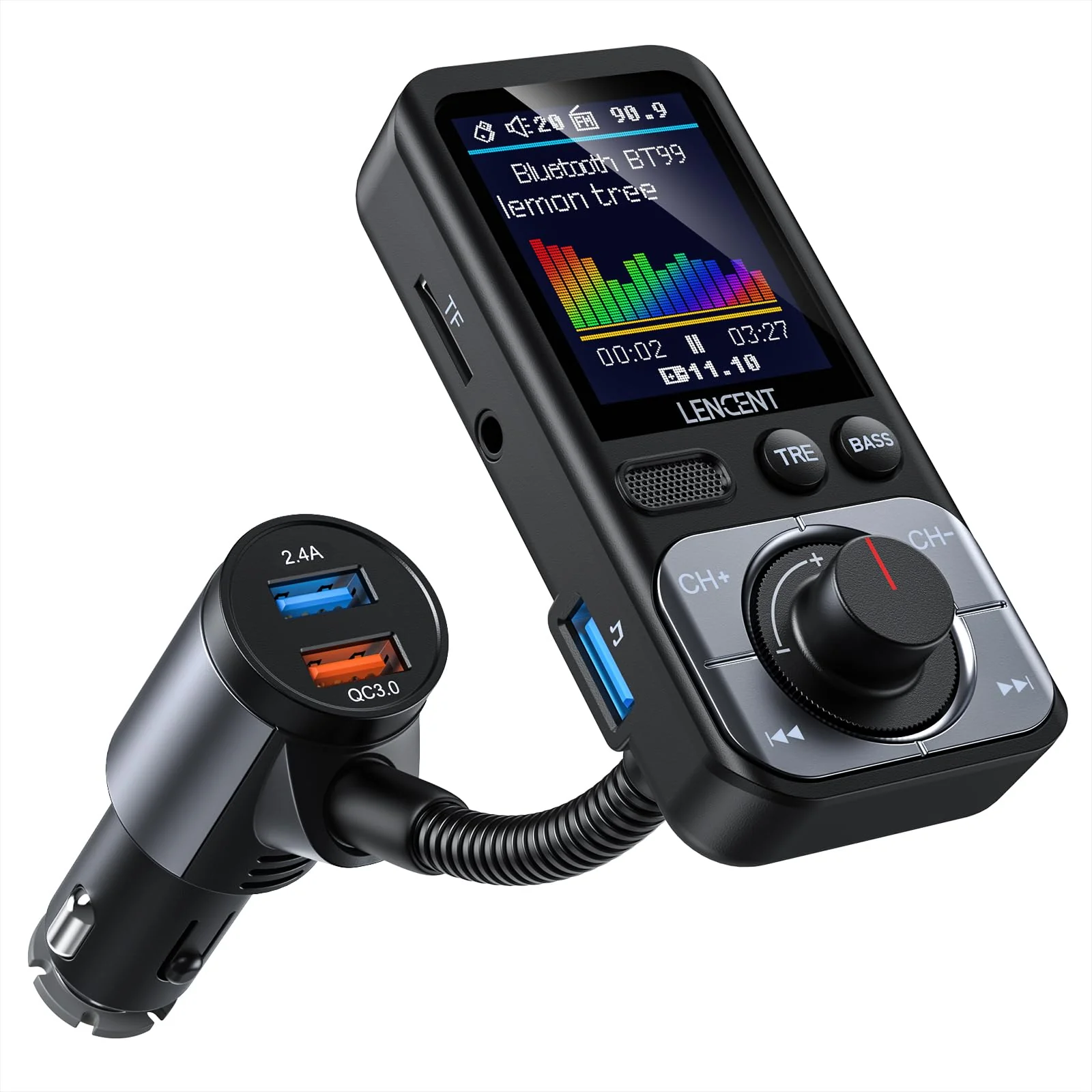 LENCENT Bluetooth 5.0 FM Transmitter for Car, AUX Car Radio Adapter, Big Color Screen, MP3 Music Player TRE&BASS Booster, QC3.0 Fast Charger, Wireless Microphone Support Hands-Free Siri Google TF Card