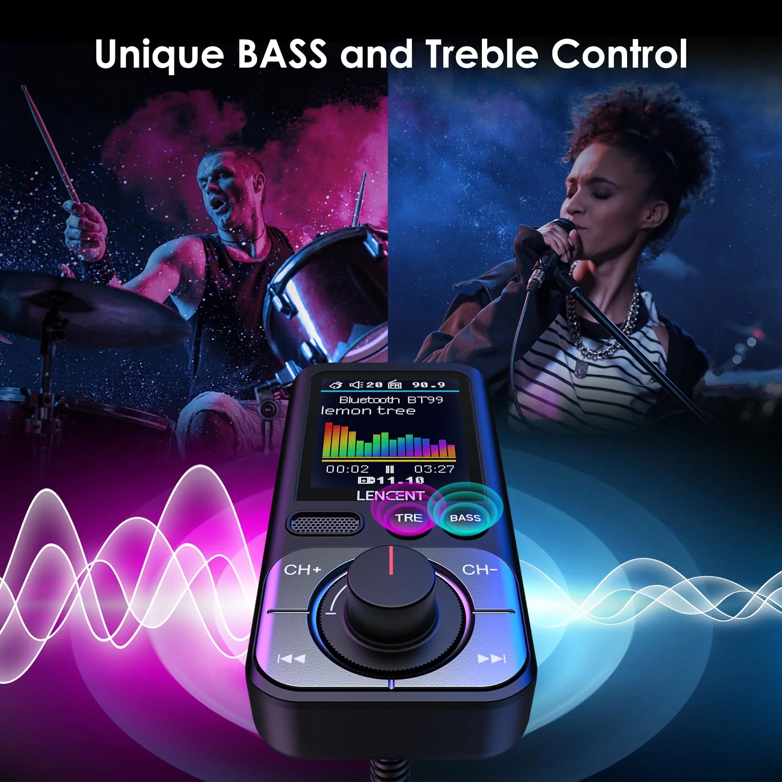 LENCENT Bluetooth 5.0 FM Transmitter for Car, AUX Car Radio Adapter, Big Color Screen, MP3 Music Player TRE&BASS Booster, QC3.0 Fast Charger, Wireless Microphone Support Hands-Free Siri Google TF Card - Image 2
