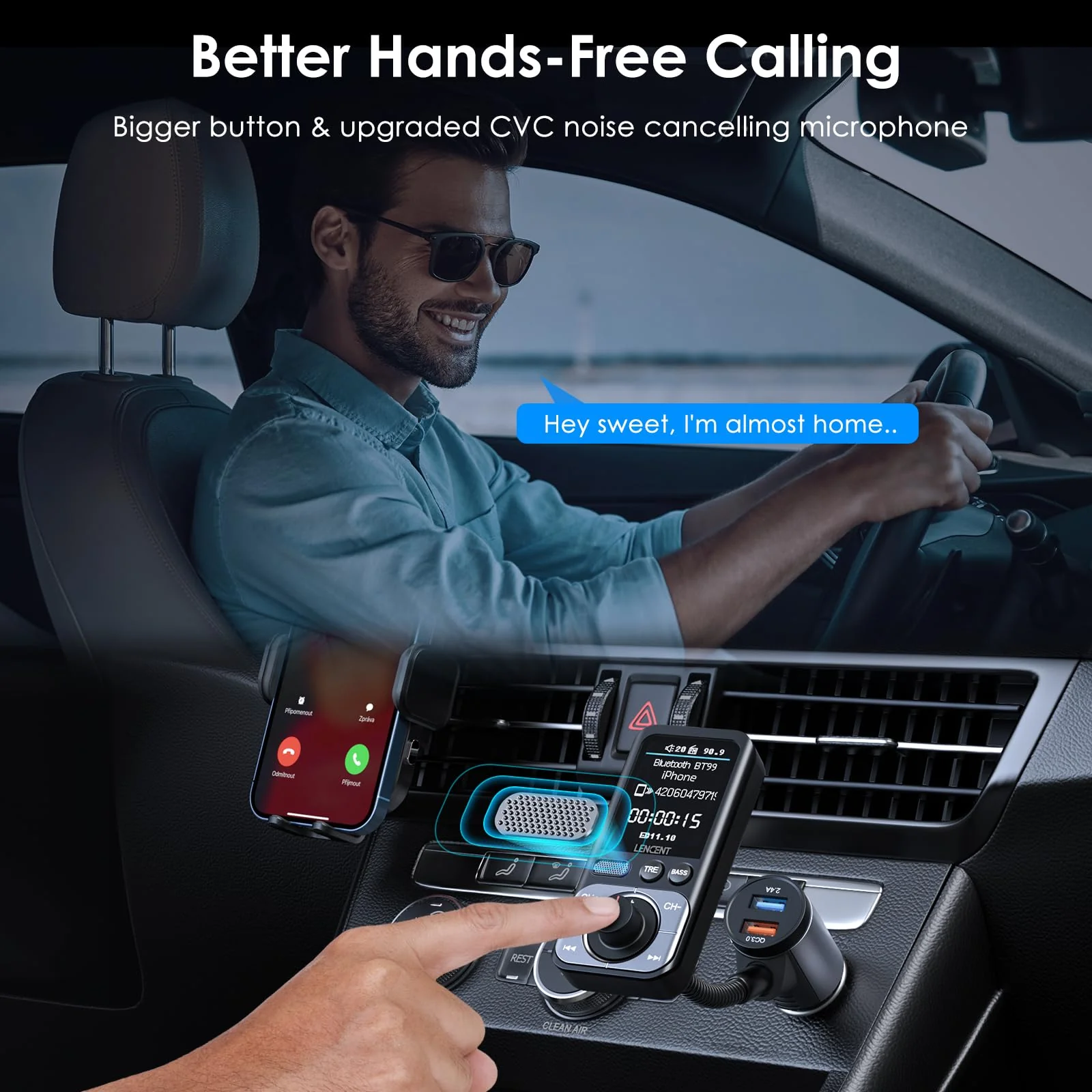LENCENT Bluetooth 5.0 FM Transmitter for Car, AUX Car Radio Adapter, Big Color Screen, MP3 Music Player TRE&BASS Booster, QC3.0 Fast Charger, Wireless Microphone Support Hands-Free Siri Google TF Card - Image 5