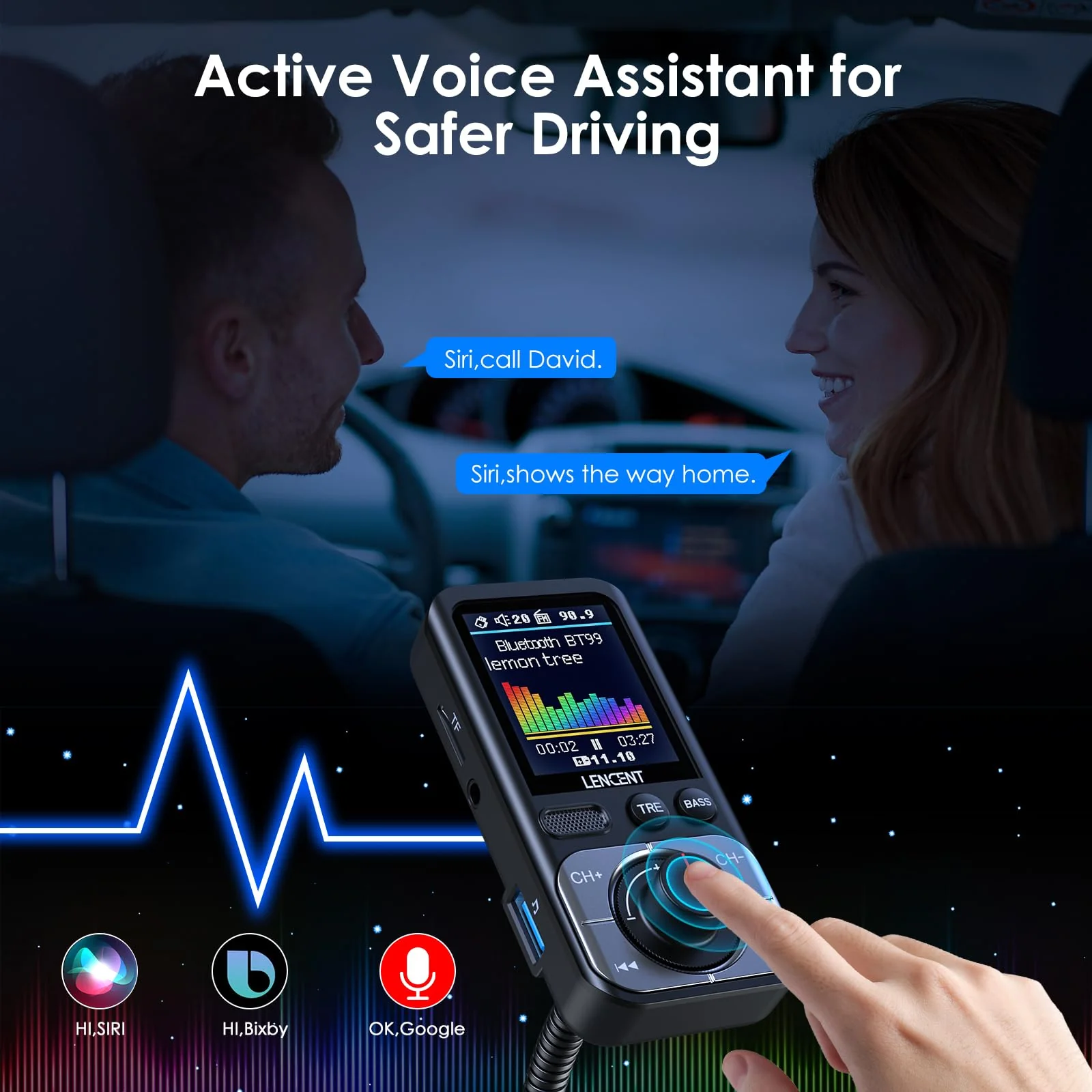 LENCENT Bluetooth 5.0 FM Transmitter for Car, AUX Car Radio Adapter, Big Color Screen, MP3 Music Player TRE&BASS Booster, QC3.0 Fast Charger, Wireless Microphone Support Hands-Free Siri Google TF Card - Image 7