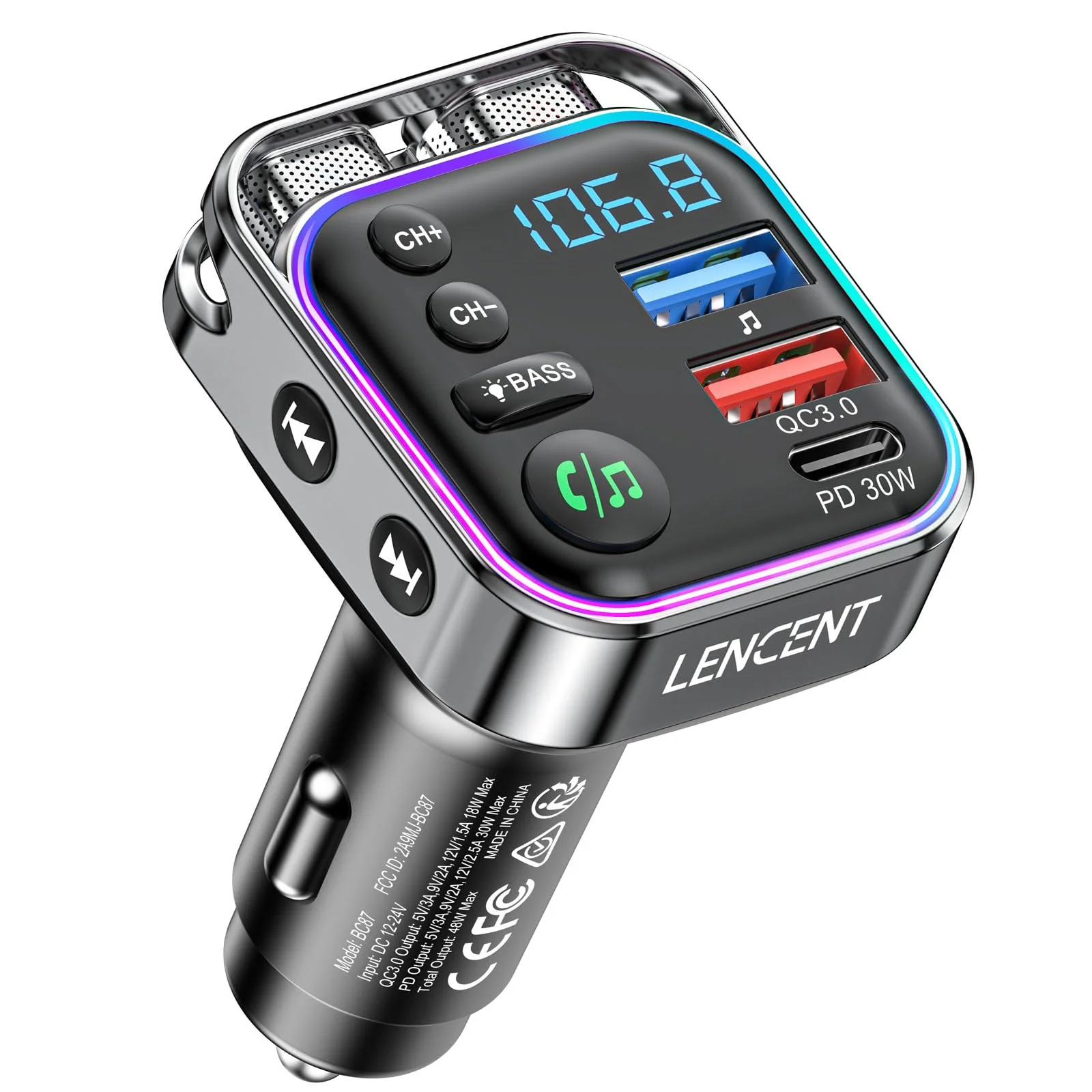 LENCENT Bluetooth 5.3 FM Transmitter Car Adapter 48W (PD30W & QC18W) Fast Charger, Light Switch, HiFi Bass Sound Audio Receiver Wireless Radio MP3 Music Player, Hands-Free Calling, Support USB Drive