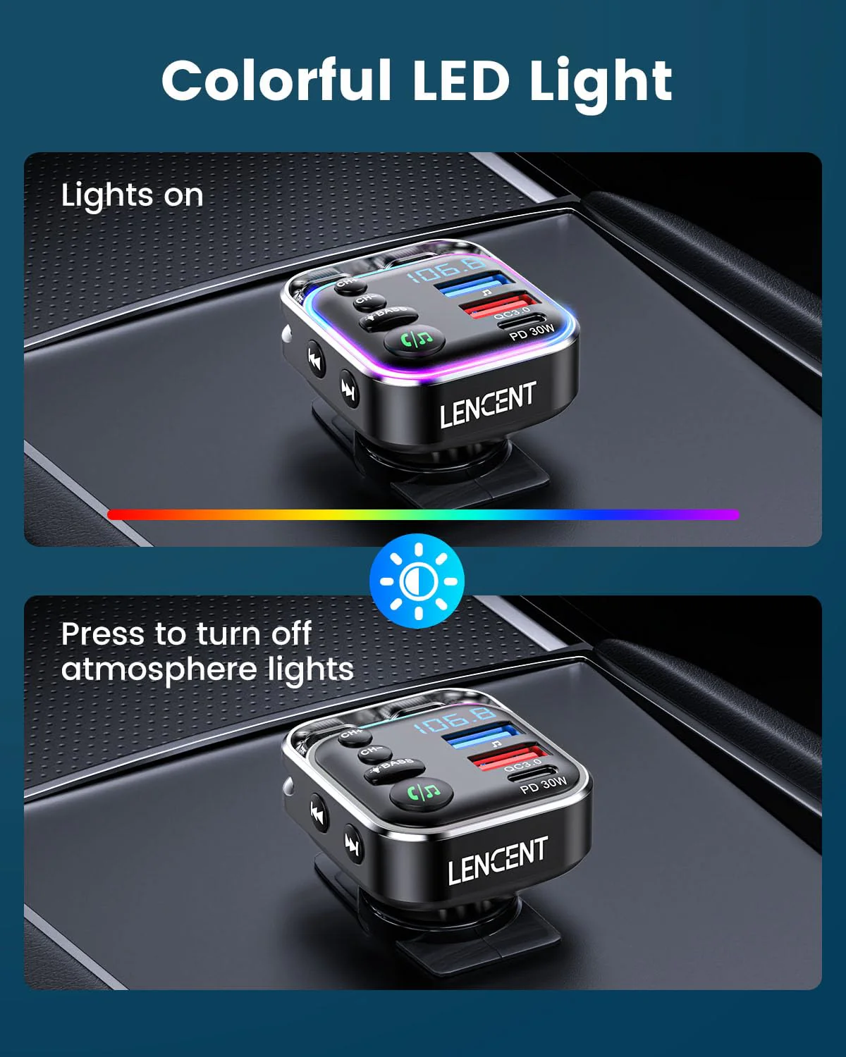 LENCENT Bluetooth 5.3 FM Transmitter Car Adapter 48W (PD30W & QC18W) Fast Charger, Light Switch, HiFi Bass Sound Audio Receiver Wireless Radio MP3 Music Player, Hands-Free Calling, Support USB Drive - Image 6