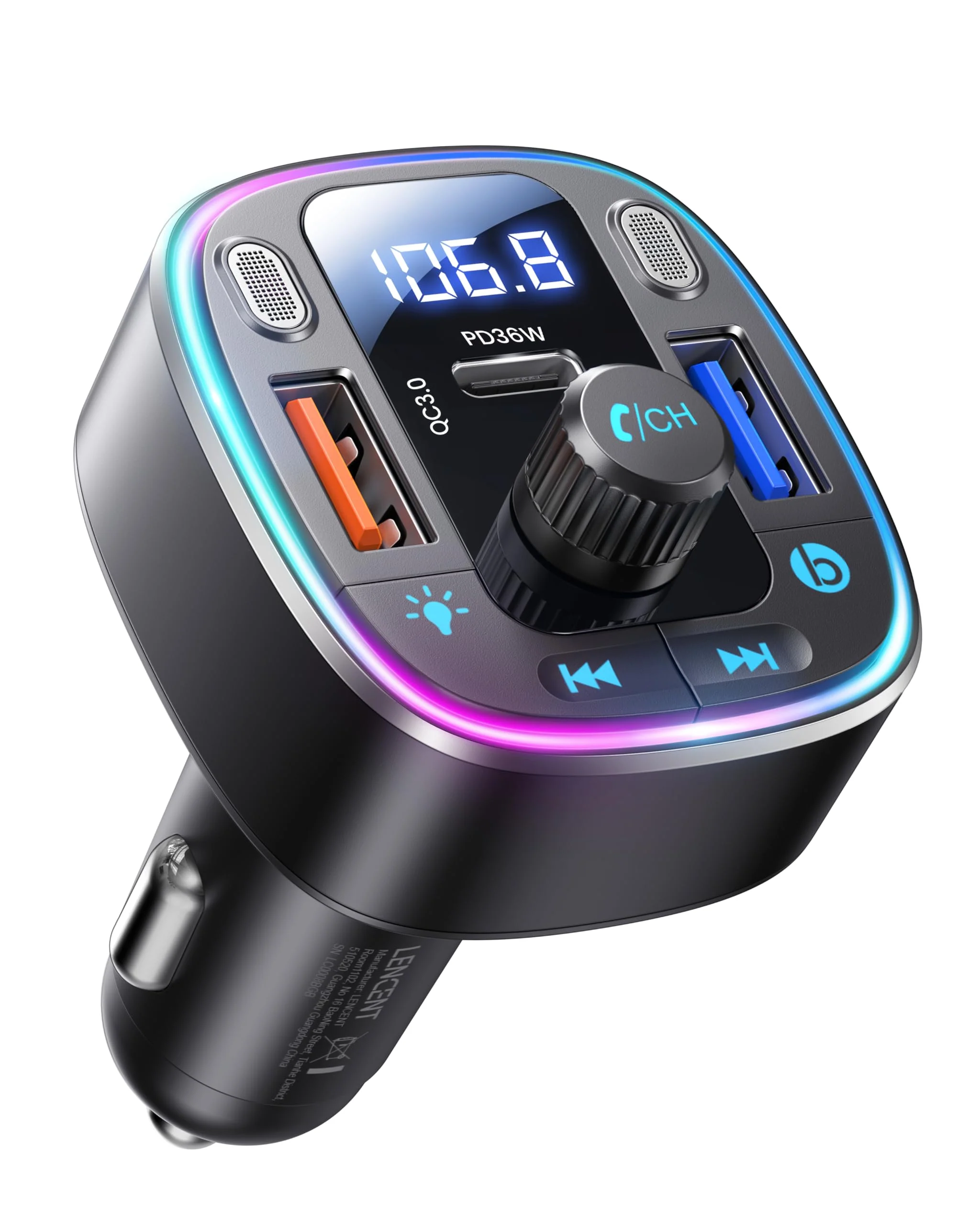LENCENT Bluetooth 5.4 Car Adapter FM Transmitter 54W Fast Charging, Dual Mics, HiFi Bass Sound, 2 Modes LED Backlit, Cigarette Lighter Adapter Hands-Free Calling Radio, Support USB Drive