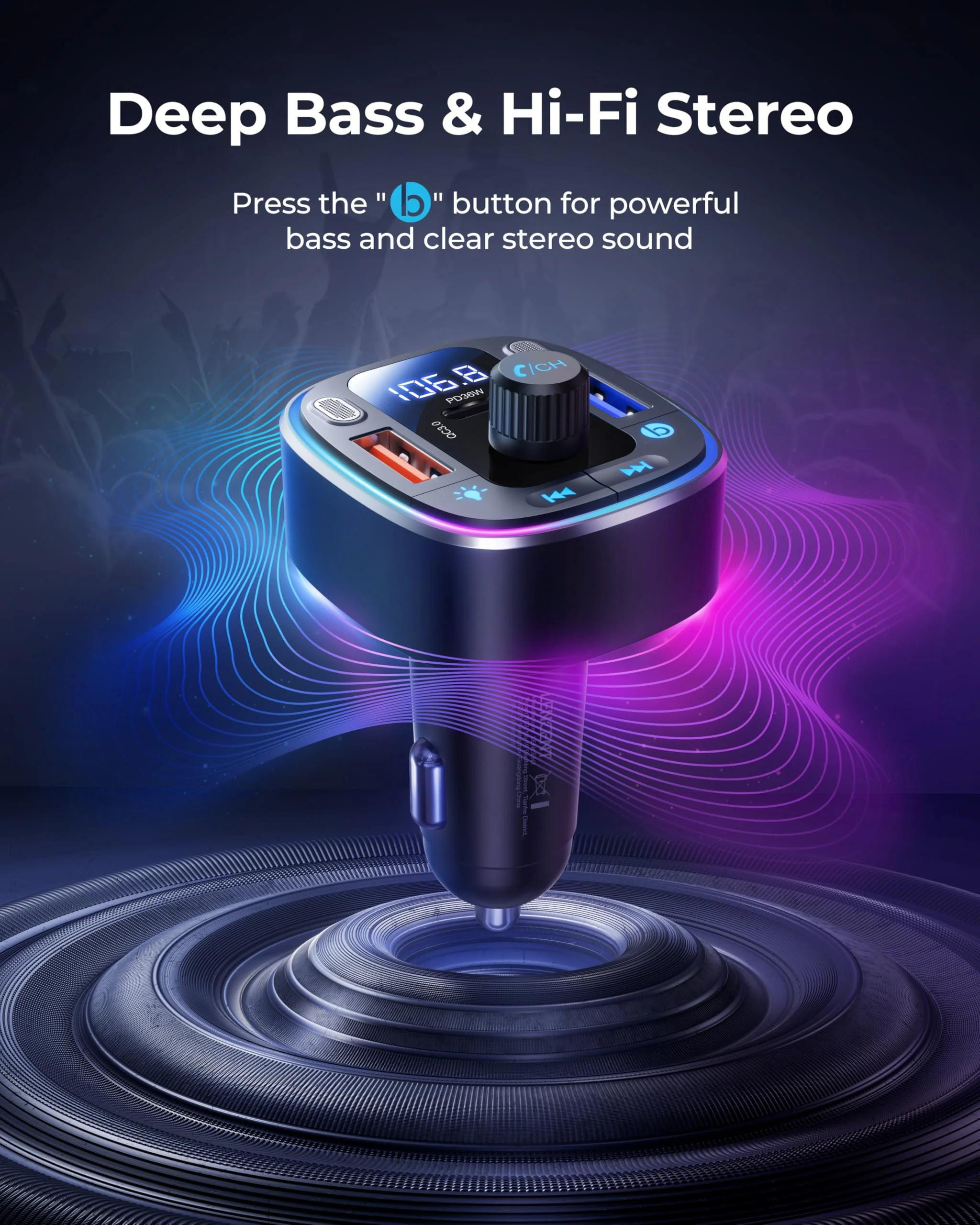LENCENT Bluetooth 5.4 Car Adapter FM Transmitter 54W Fast Charging, Dual Mics, HiFi Bass Sound, 2 Modes LED Backlit, Cigarette Lighter Adapter Hands-Free Calling Radio, Support USB Drive - Image 2