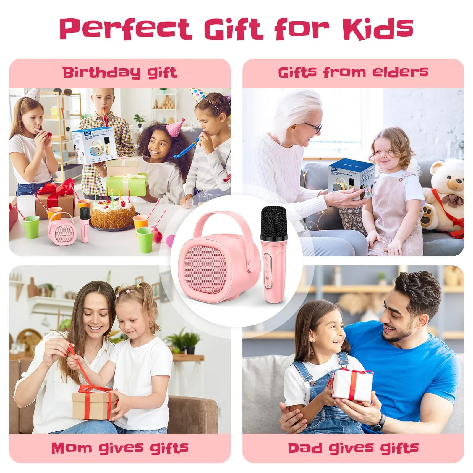 LENRUE Karaoke Machine for Kids with Wireless Microphone, 4 Magic Voices, Karaoke Toys for Girls Boys, Best Birthday Gifts for Kids 4, 5, 6, 7, 8, 9, 10, 11, 12+(M65 Pink 1 Mic) M65 Pink 1 Mic - Image 4