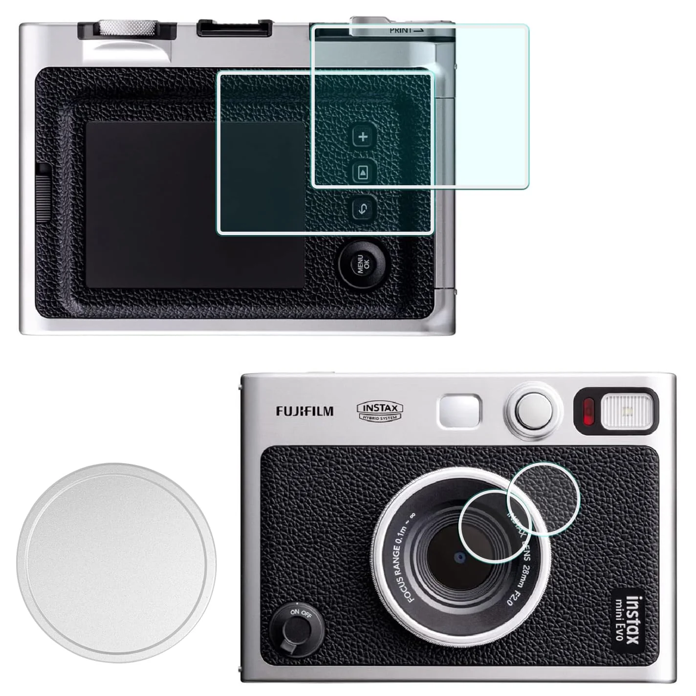 Lens Cap + Screen Protector for Fujifilm Instax Mini EVO Instant Camera(for Accessories),LCD + Lens PET Flim+Aluminum Mini Fuji Evo Lens Cover with Flocking Internal