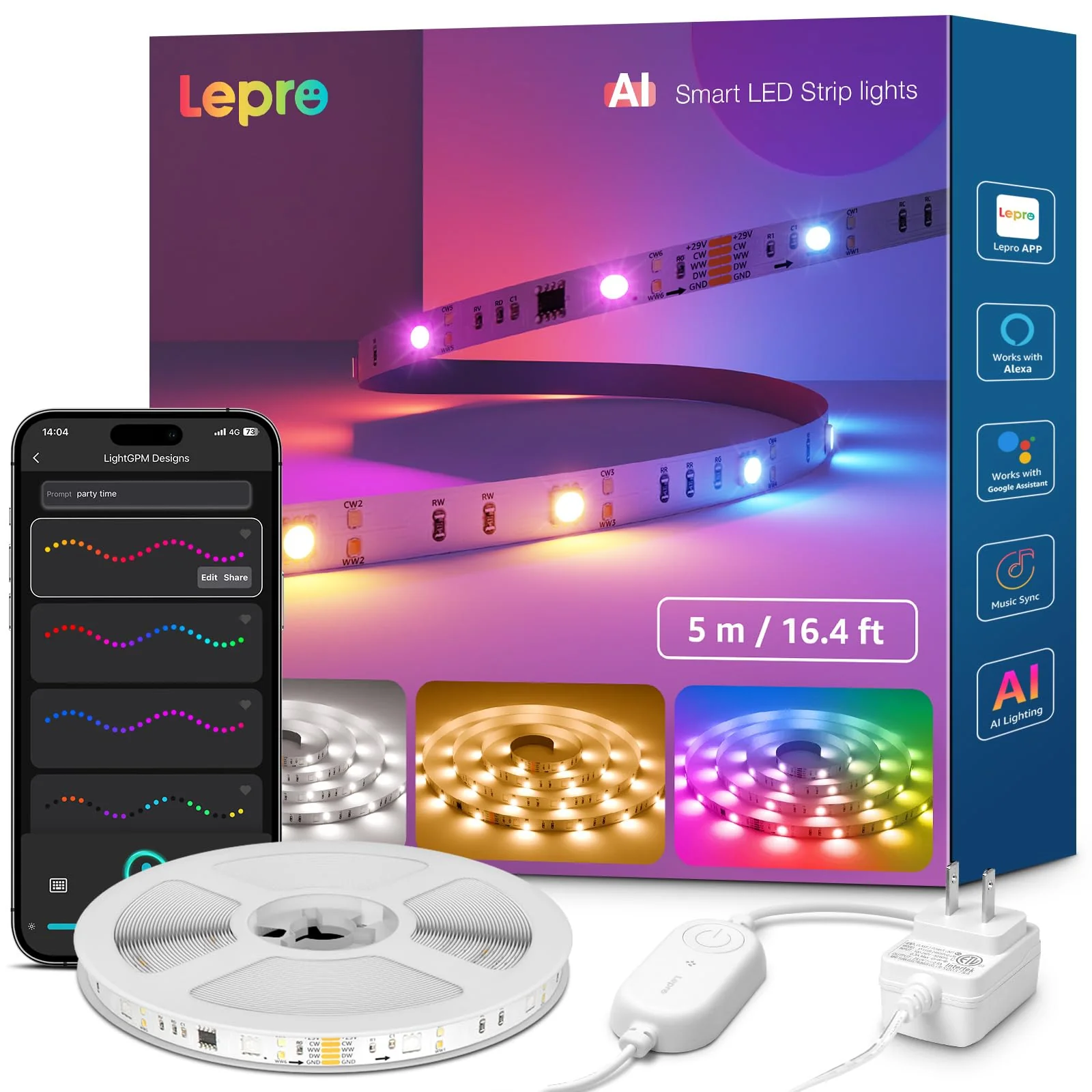 Lepro S2 AI Smart LED Strip Lights - 16.4ft RGBCW Light Strips with 2700K-5700K Tunable Warm White, Color Segment DIY, Personalized Al Lighting Designer, APP Control(No Remote), 2.4G Wi-Fi & Bluetooth