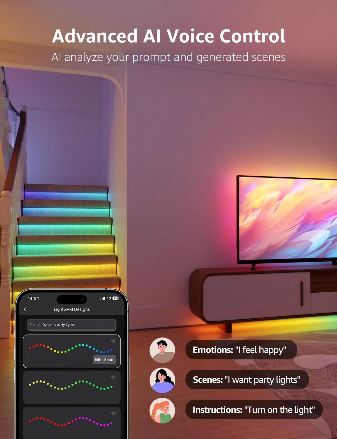 Lepro S2 AI Smart LED Strip Lights - 16.4ft RGBCW Light Strips with 2700K-5700K Tunable Warm White, Color Segment DIY, Personalized Al Lighting Designer, APP Control(No Remote), 2.4G Wi-Fi & Bluetooth - Image 3