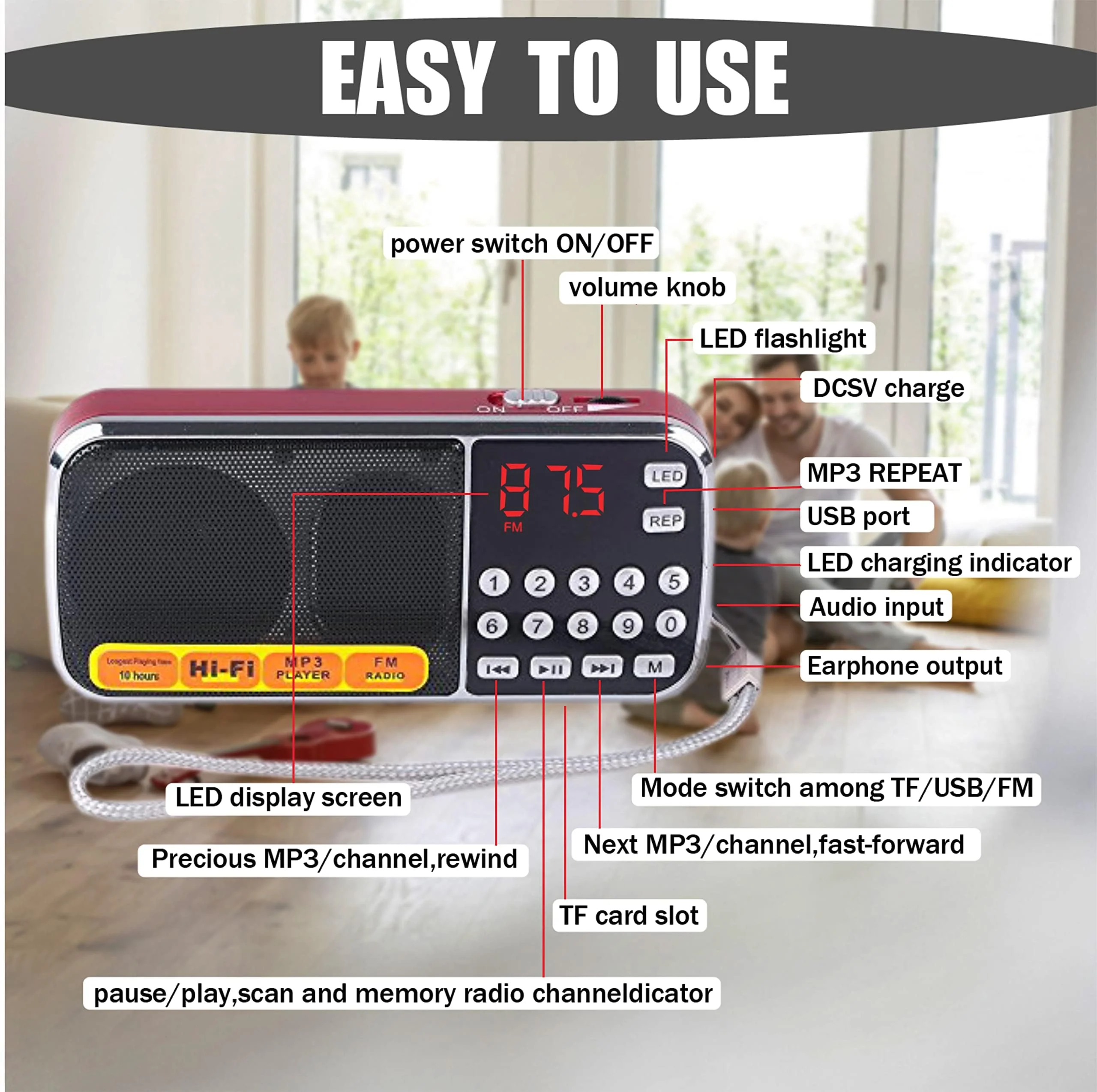 Leting Portable AM/FM Radio and MP3 Speaker, Mini Rechargeable Radio with 0-9 Number Keys for Direct Song & FM Tuning, TF Card/USB Support, Built-in Flashlight, Clear Reception (Red) RED - Image 7