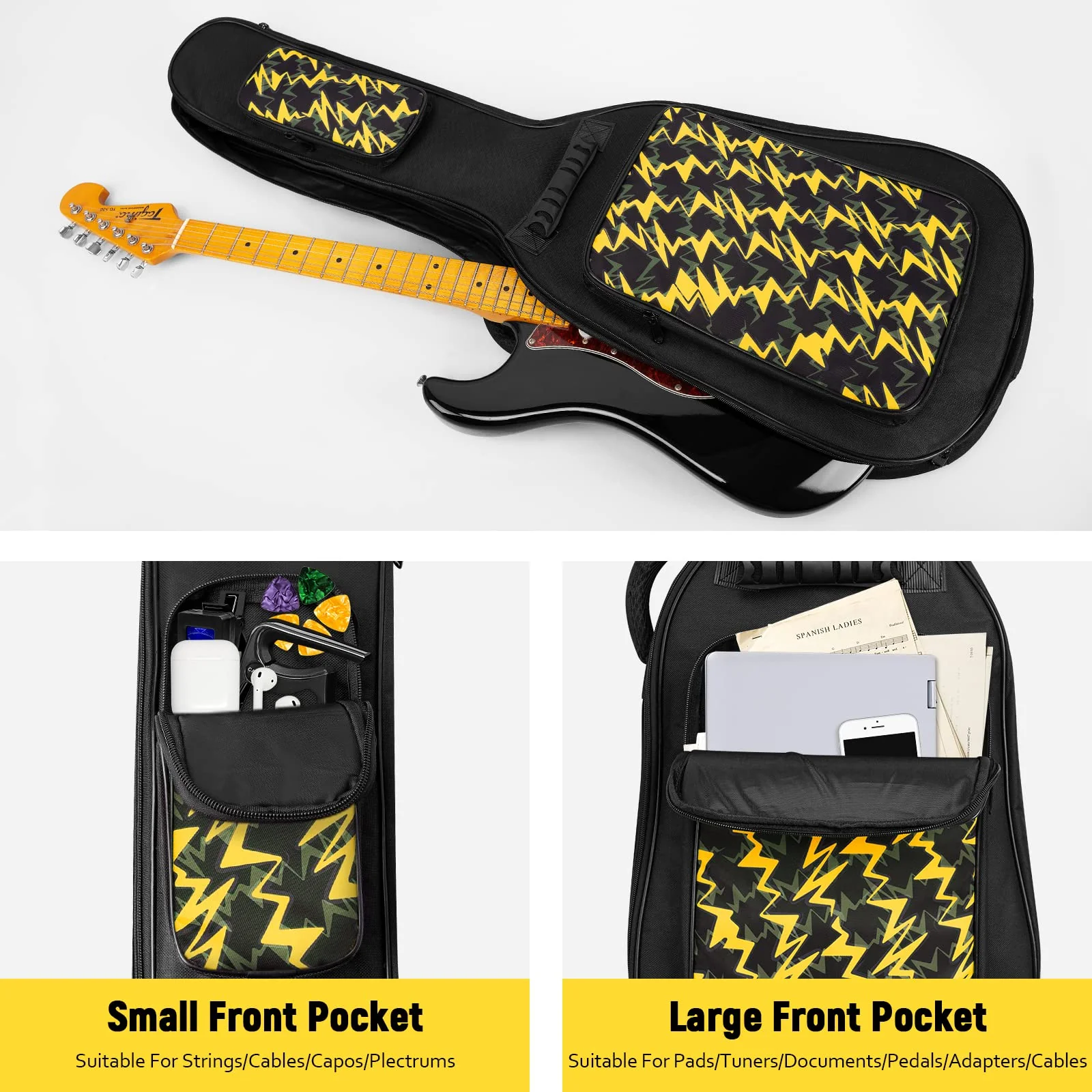 LETSROCK 38 40 41 Inch Electric Guitar Bag Case 0.38 inch Waterproof Thick Padding with Neck Strap Adjustable Shoulder Strap Waterproof Yellow Lightning Shape&Black Electric Guitar Gig Bag Yellow&Black - Image 5