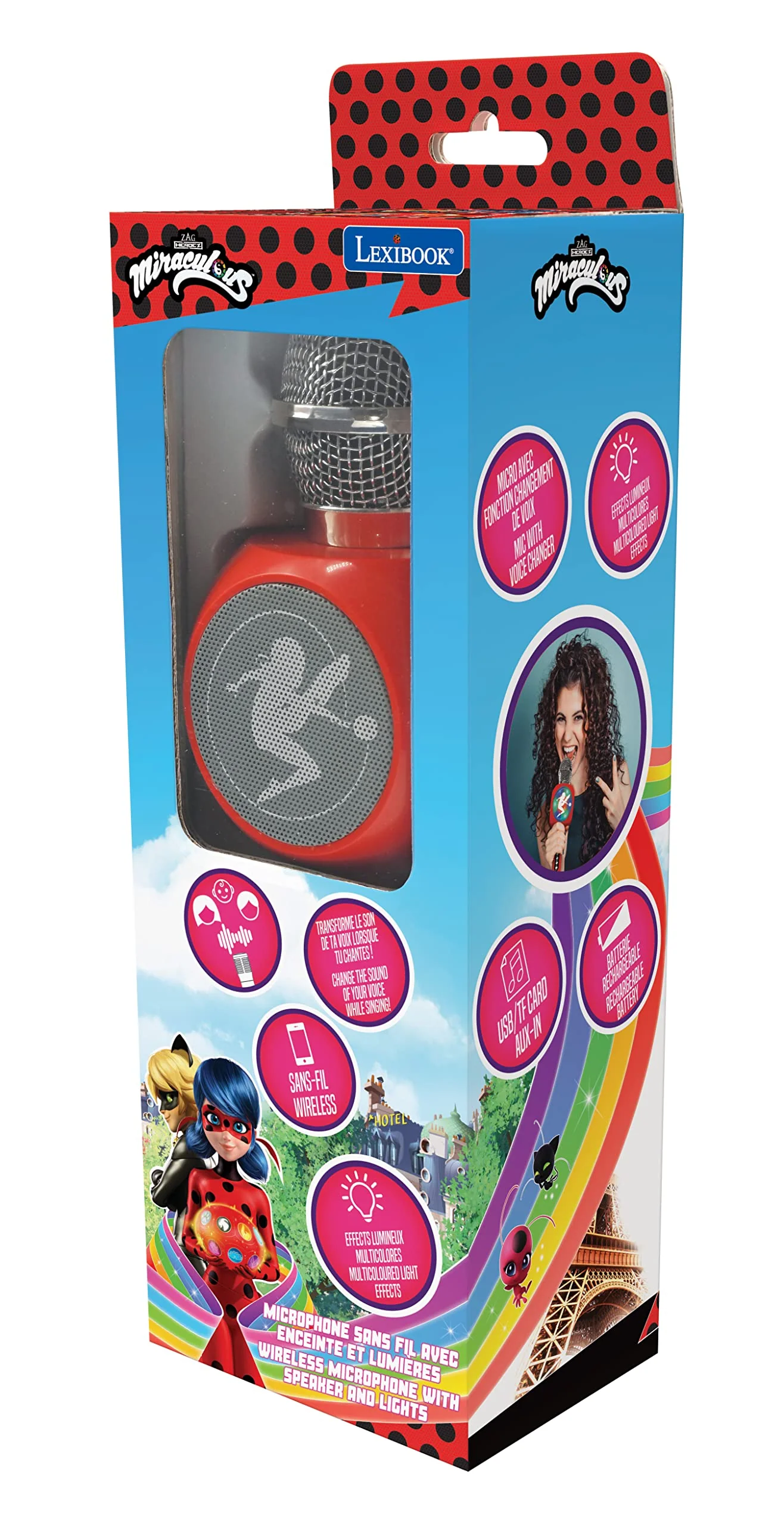 LEXiBOOK Miraculous Wireless Microphone with Speaker and Lights, Bluetooth®, Voice Change Function, Light Effects, Micro SD Port, USB, Silver/red, MIC260MI - Image 3