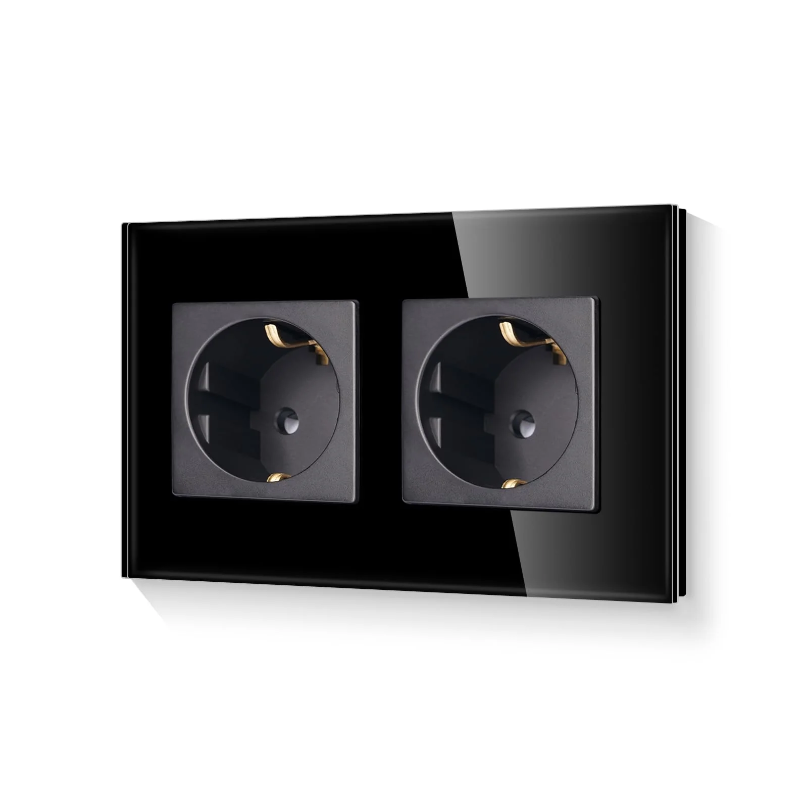LIAONFOY Schuko Double Socket with Child Safety Lock Glass Frame 2-Way Wall Socket Flush-Mounted Black Double 110-250 V 157 mm 2-gang socket