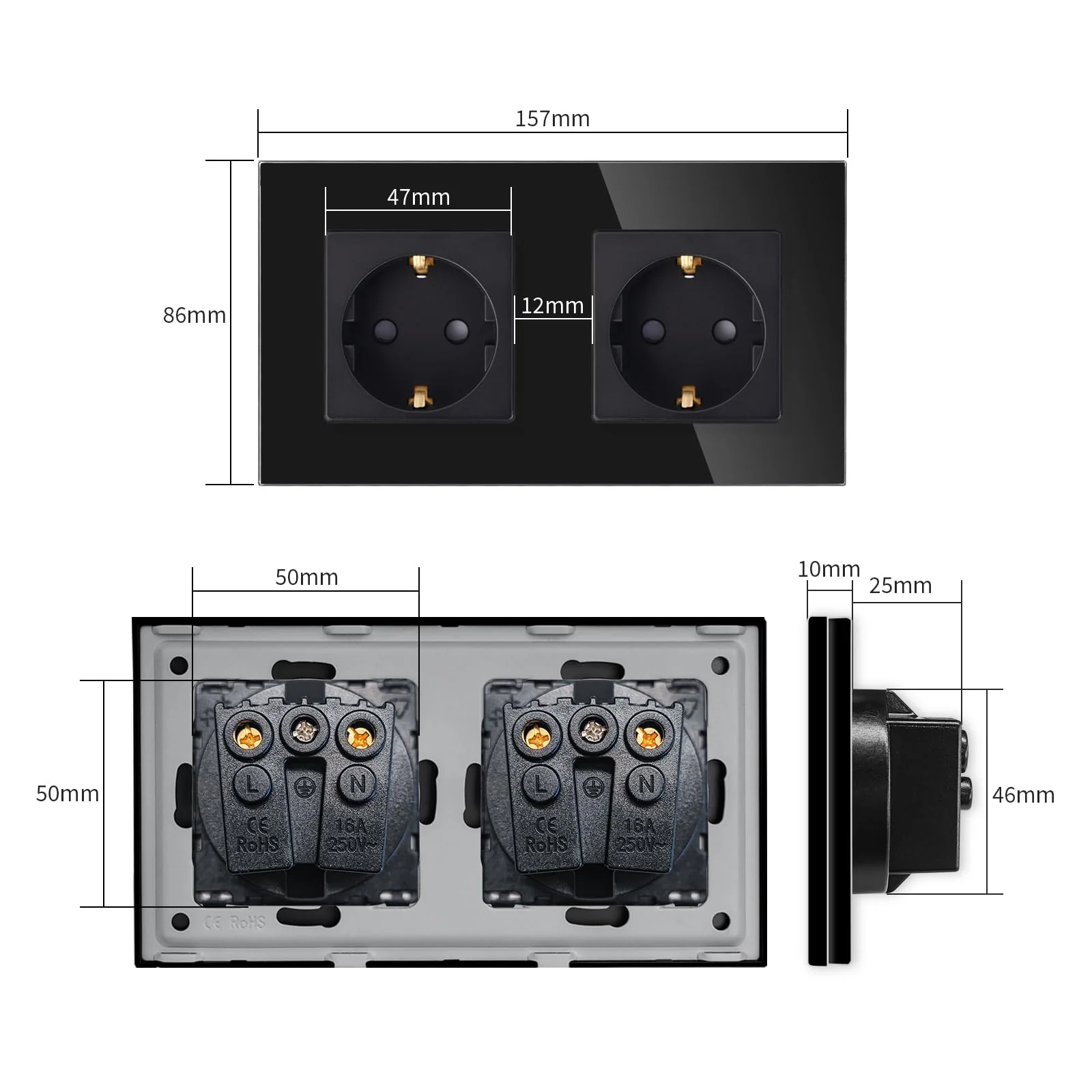 LIAONFOY Schuko Double Socket with Child Safety Lock Glass Frame 2-Way Wall Socket Flush-Mounted Black Double 110-250 V 157 mm 2-gang socket - Image 5
