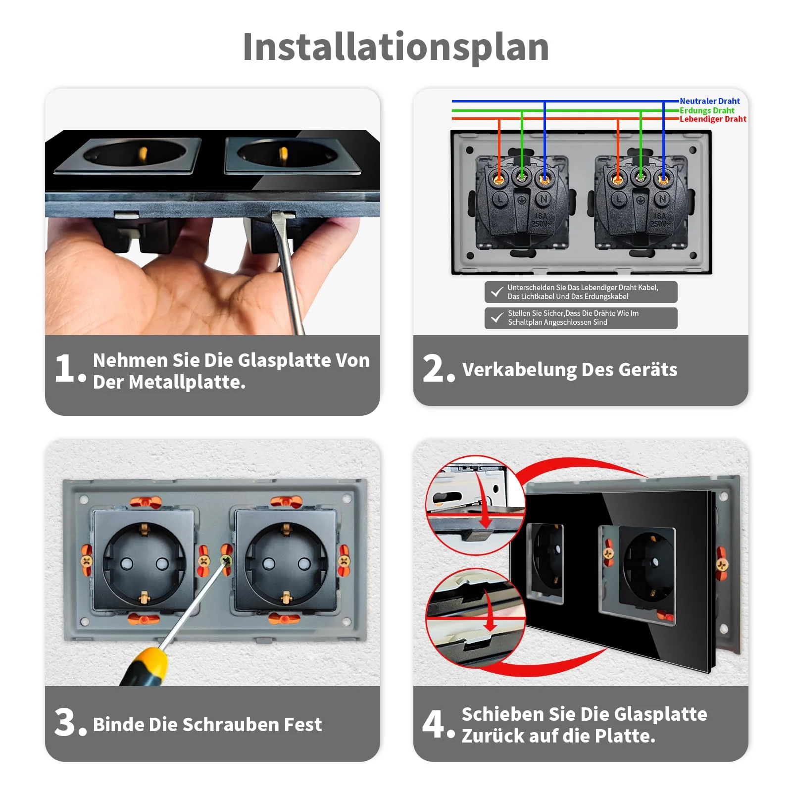 LIAONFOY Schuko Double Socket with Child Safety Lock Glass Frame 2-Way Wall Socket Flush-Mounted Black Double 110-250 V 157 mm 2-gang socket - Image 6