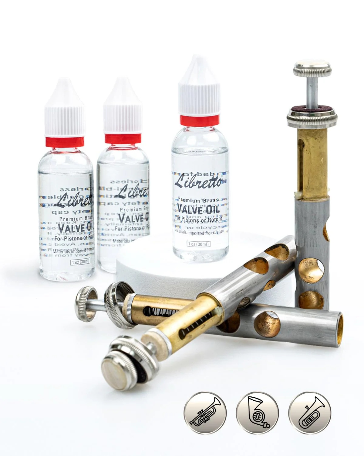 Libretto Brass Valve Oil, Set of 3, Safety Cap, Premium Lubricant, Long-Lasting, Smooth, Odorless, Special-Blended Synthetic Formula, 1 oz (30ml) Valve Oil (3 pack)