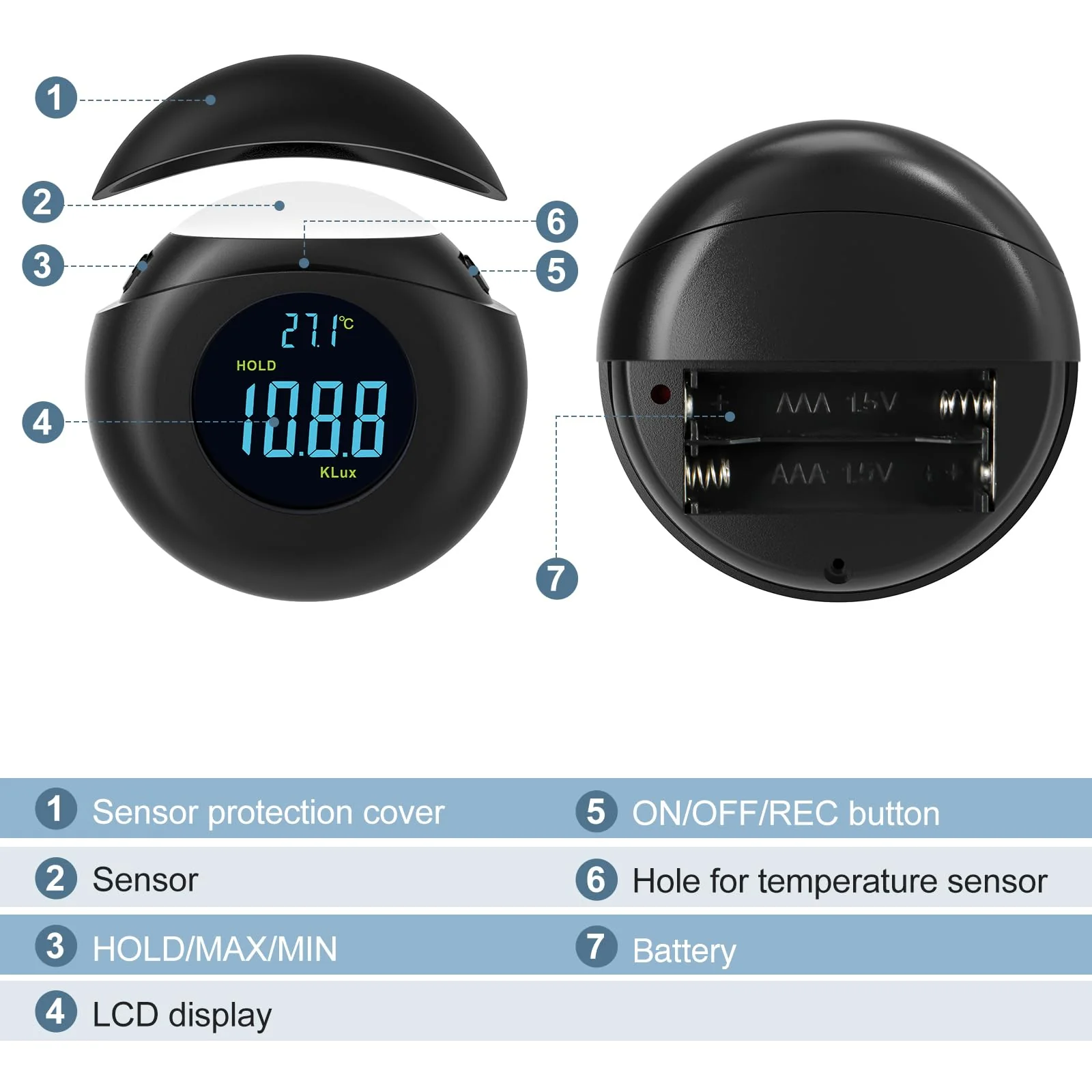 Light Meter Digital Illuminance Meter Handheld Ambient Measurer with 360° Detector, Measurer with Range up to 200,000 lux with LCD Display, Light Meter for Factories, Warehouses, Offices balck - Image 2