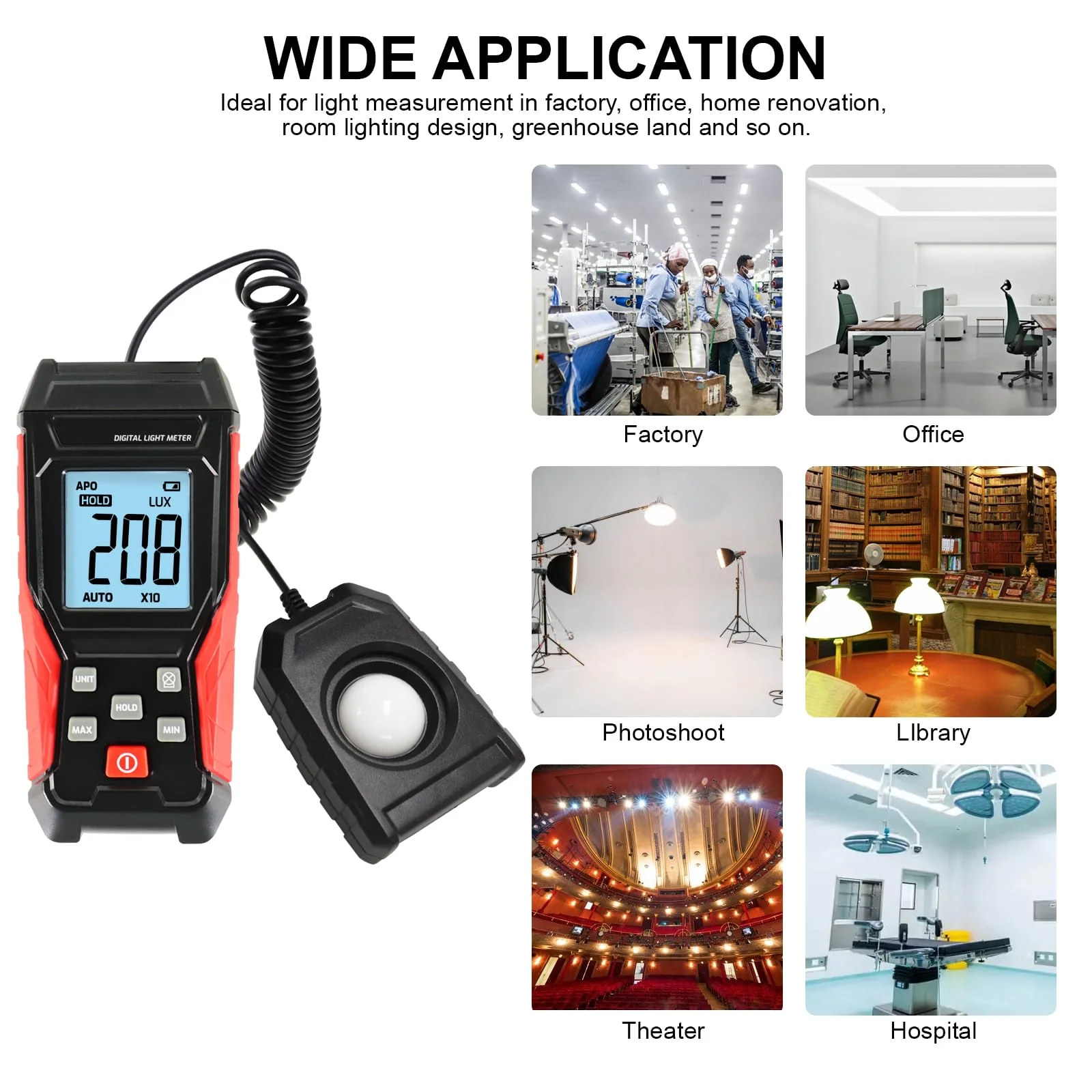 Light Meter Digital Lux Meter Handheld Illuminance Light Meter with 360 Degree Rotating Sensor, 4 Digit LCD Display 0~200,000 Measurement Range Luxmeter Tester for Plants, Headlights, Home & Office - Image 8