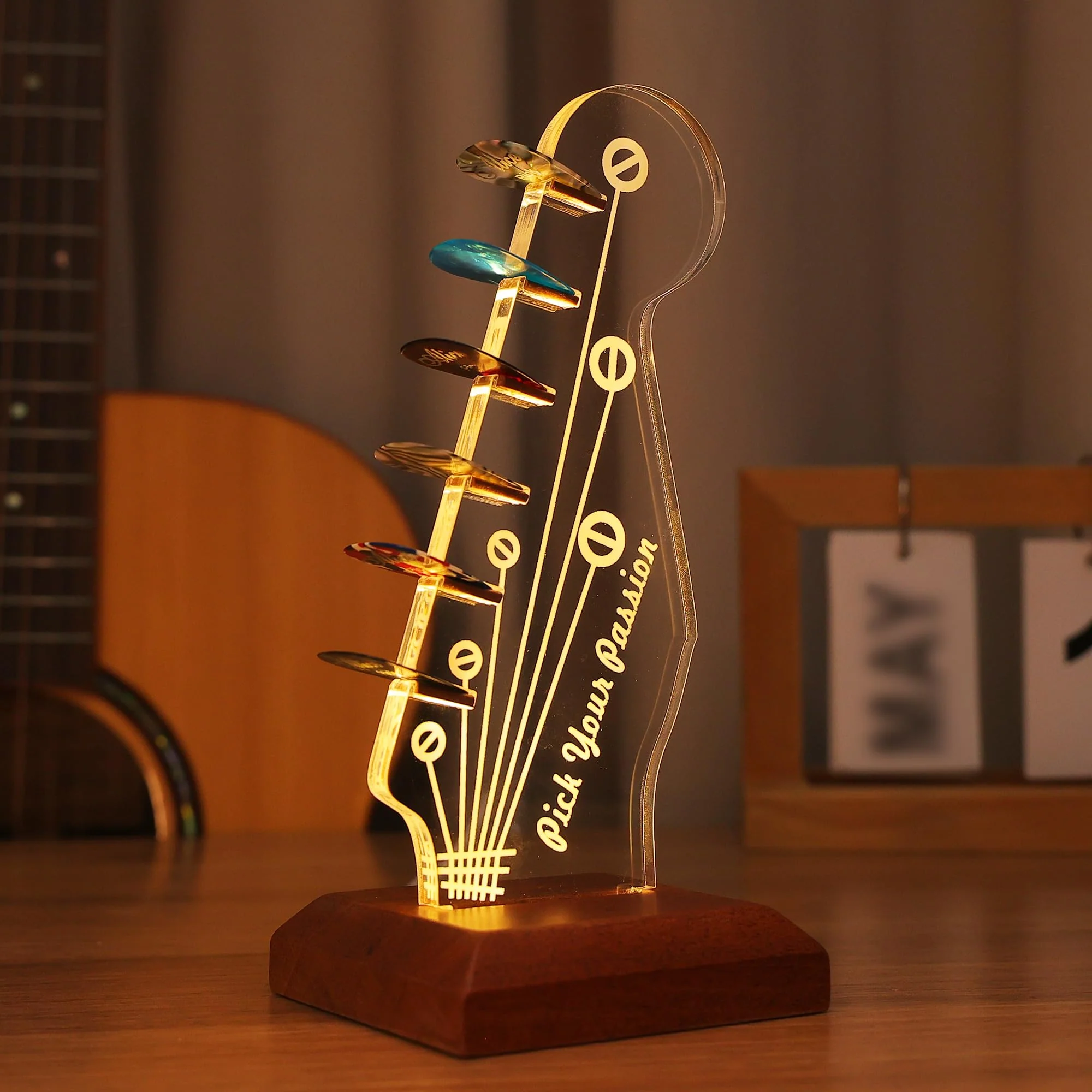Light Up Guitar Pick Holder, Acrylic Electric Guitar Headstock Shaped Pick Holder with Wooden Base for Picks Storage and Display, Gift for Guitar Players Guitarists Guitar Pick Holder-a