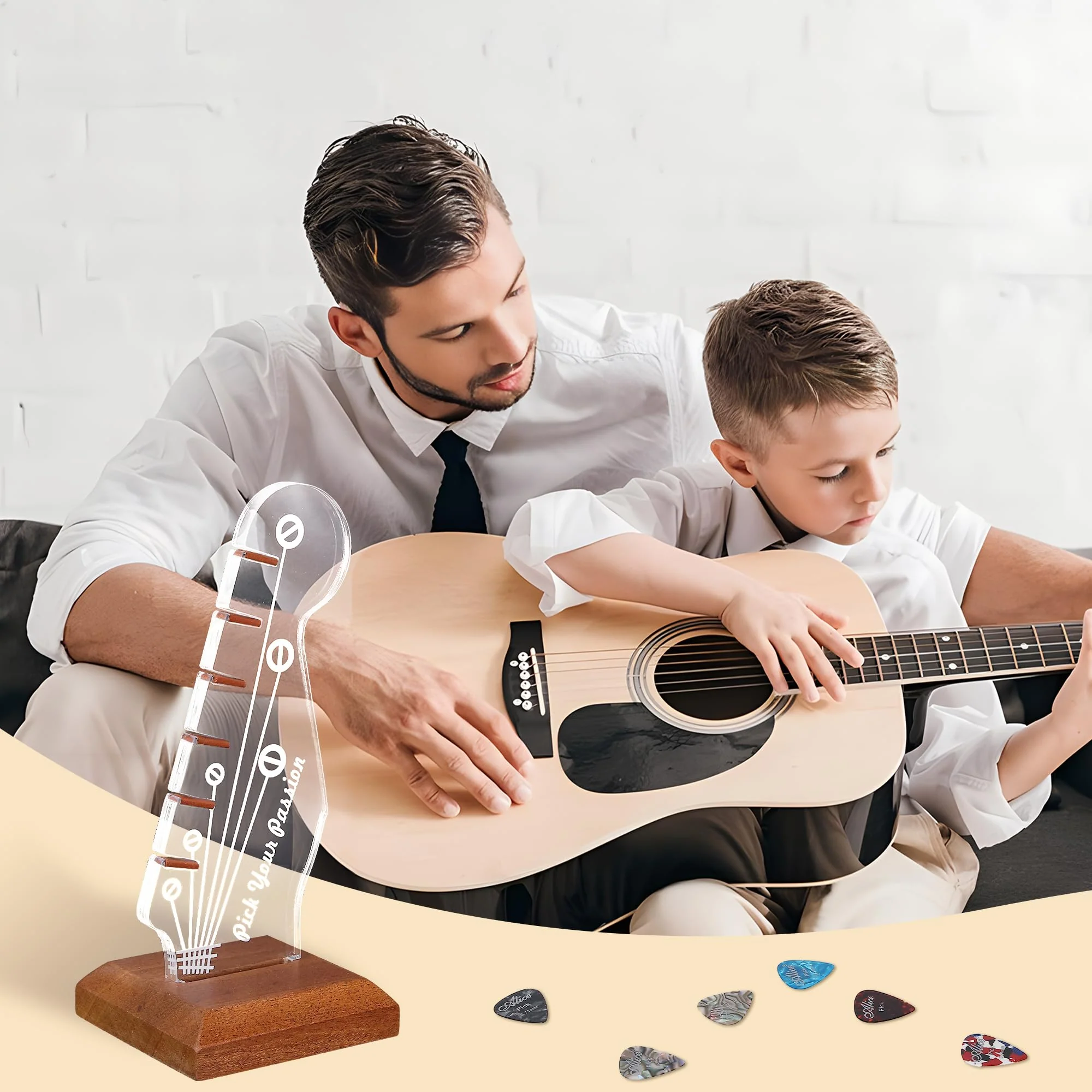 Light Up Guitar Pick Holder, Acrylic Electric Guitar Headstock Shaped Pick Holder with Wooden Base for Picks Storage and Display, Gift for Guitar Players Guitarists Guitar Pick Holder-a - Image 3
