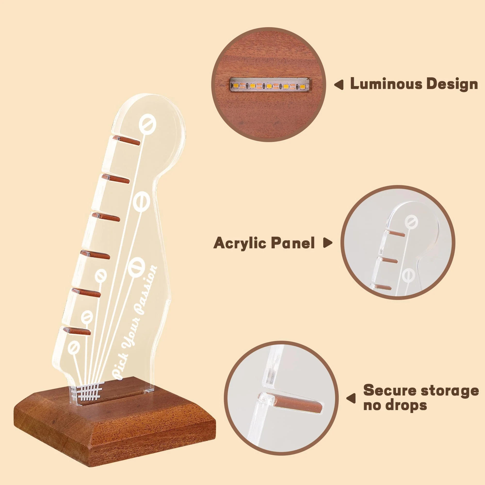 Light Up Guitar Pick Holder, Acrylic Electric Guitar Headstock Shaped Pick Holder with Wooden Base for Picks Storage and Display, Gift for Guitar Players Guitarists Guitar Pick Holder-a - Image 4