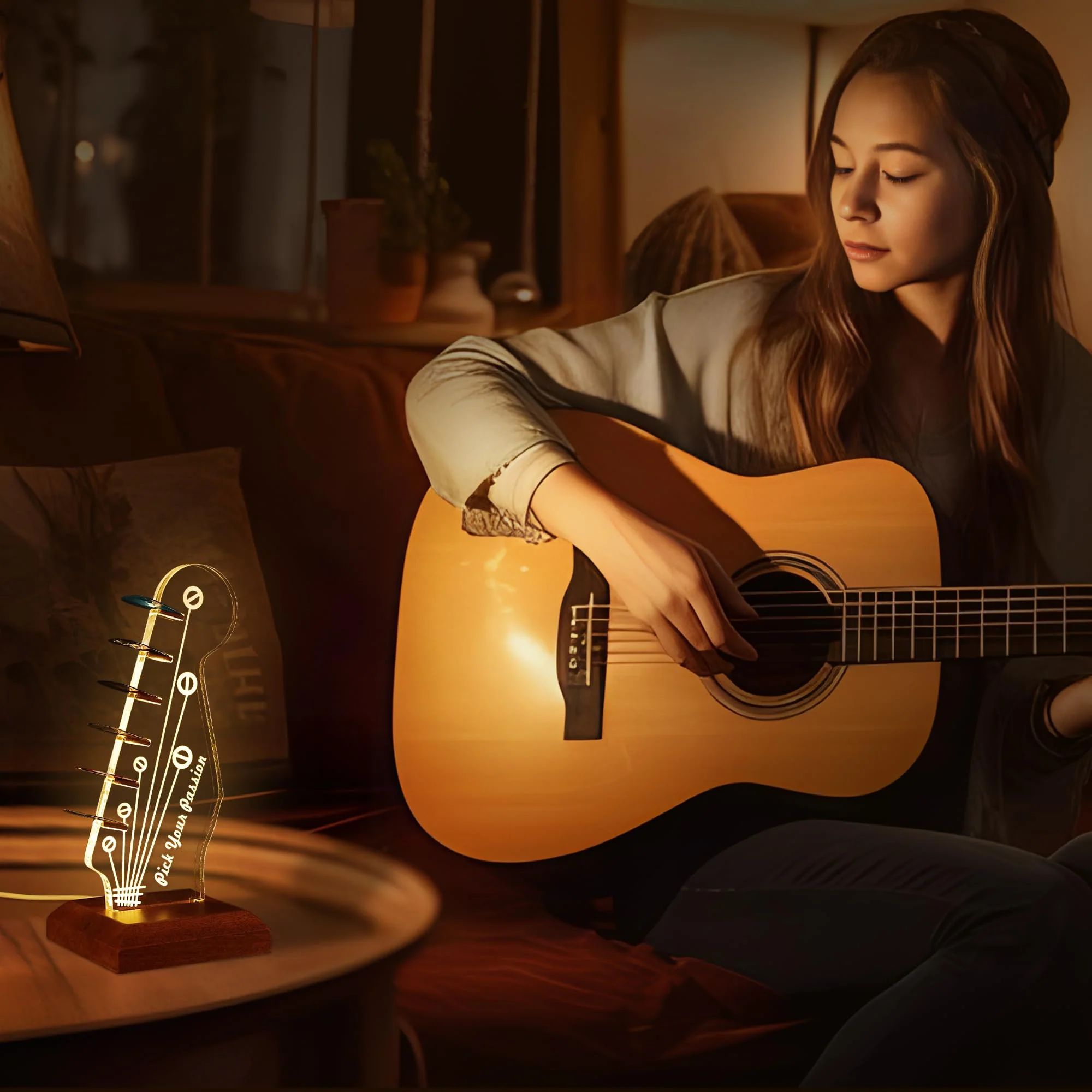 Light Up Guitar Pick Holder, Acrylic Electric Guitar Headstock Shaped Pick Holder with Wooden Base for Picks Storage and Display, Gift for Guitar Players Guitarists Guitar Pick Holder-a - Image 7