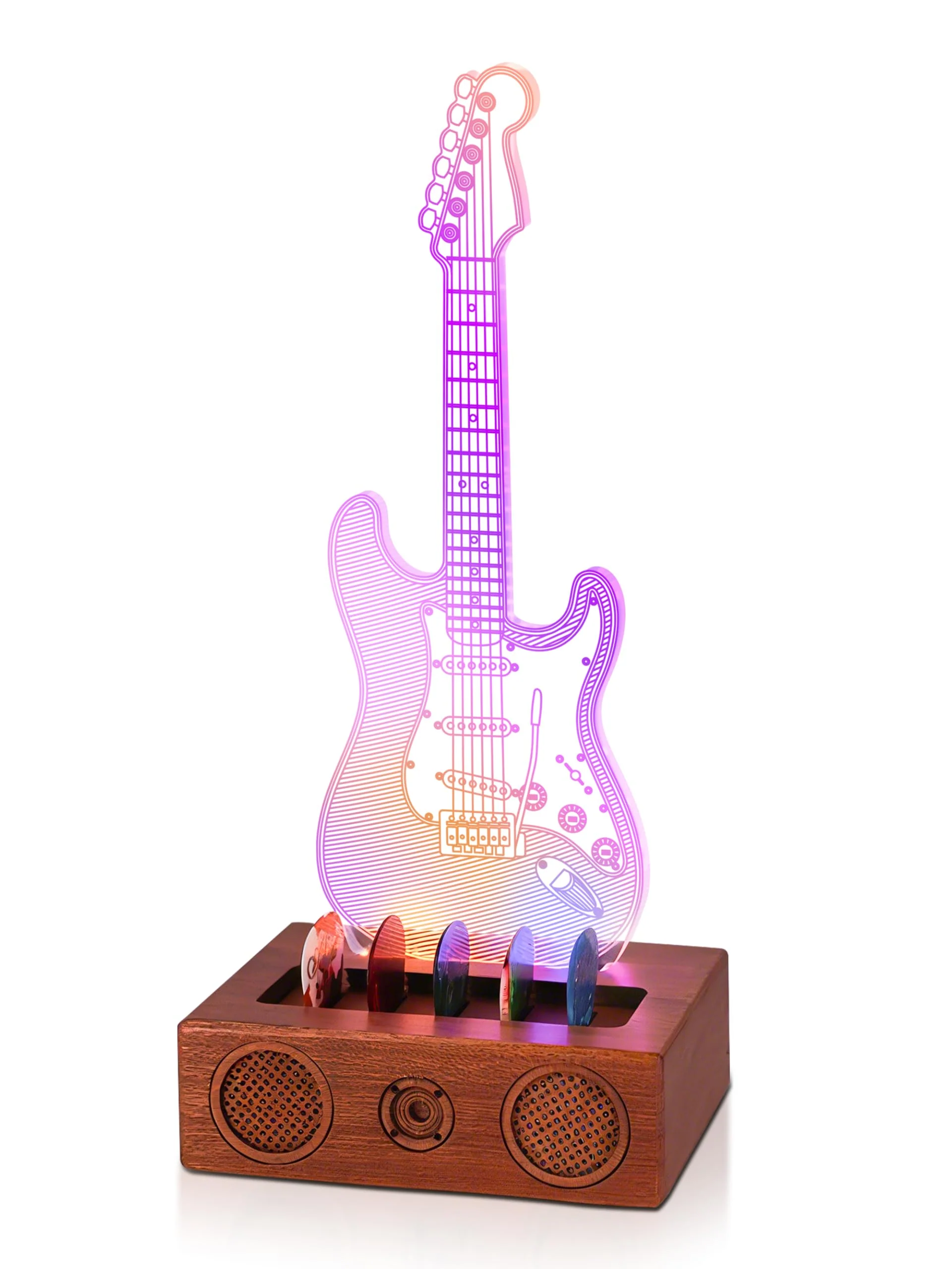 Light Up Guitar Pick Holder, Acrylic Electric Guitar Pick Holder with Audio Styling Wooden Base for Picks Storage and Display, Gift for Guitar Players Guitarists