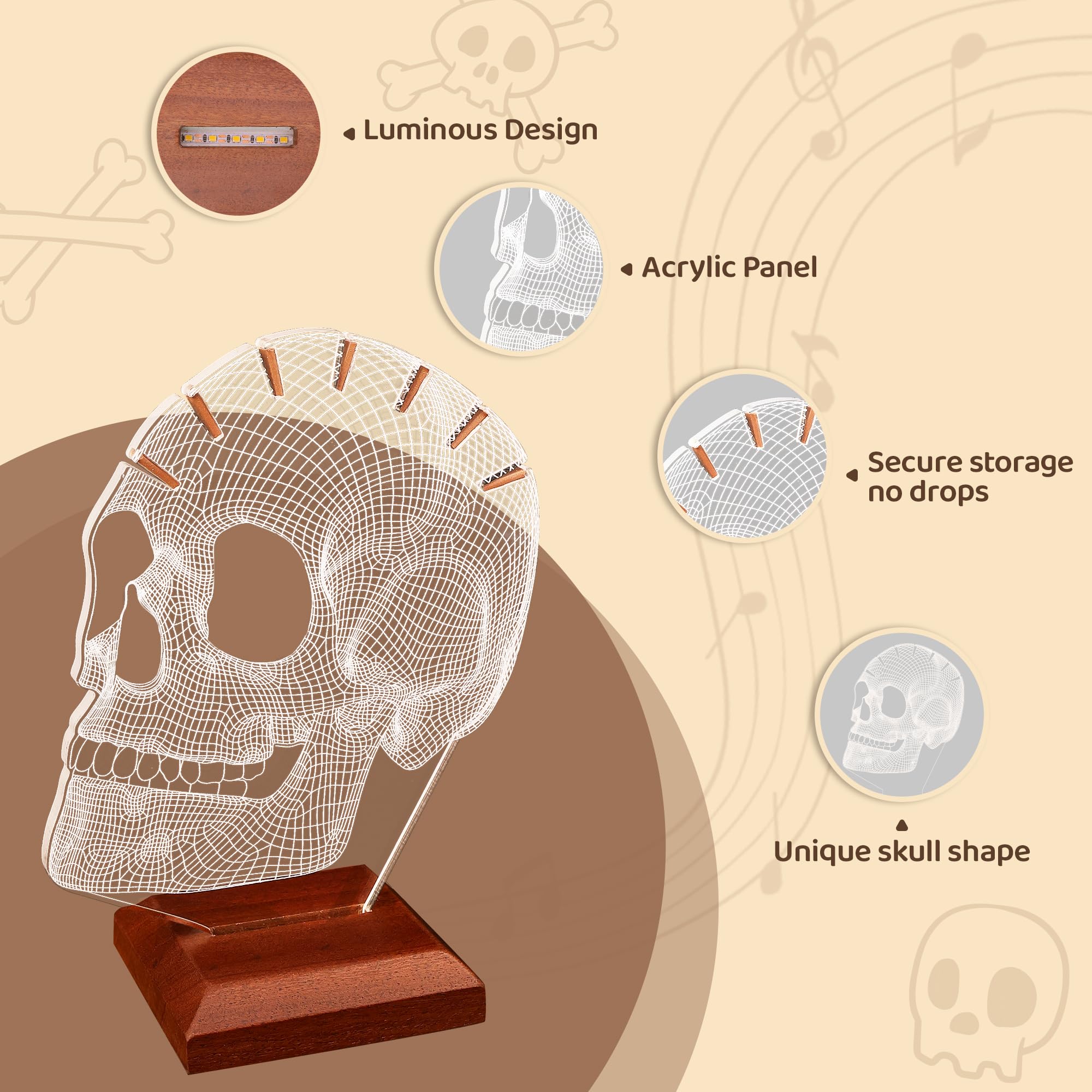 Light Up Guitar Pick Holder, Acrylic Skull Pick Holder with Wooden Base for Picks Storage and Display, Gift for Guitar Players Guitarists - Image 3